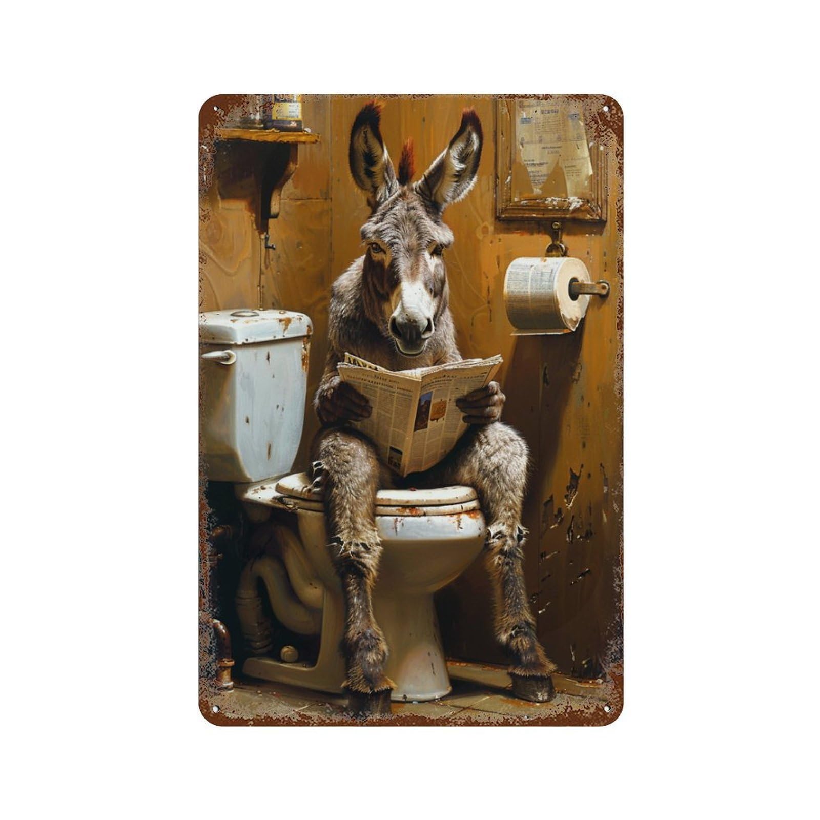 Donkey Reading Newspaper in Bathroom Vintage Rust Metal Sign 11.8"x7.9", for Garage, Bar And Workshop Decor, Decorative Metal Wall Art
