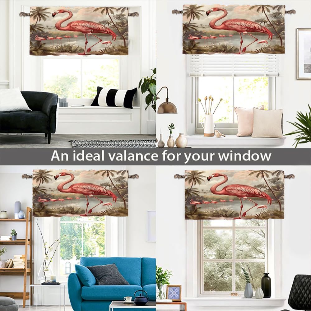 1 Panel Vintage Palm Tree Leaf Valance for Windows, Rod Pocket Fantasy Jungle Flamingo Bird Short Curtains Window Treatment for Kitchen/Bathroom/Laundry Decor, 54" W X 18" L