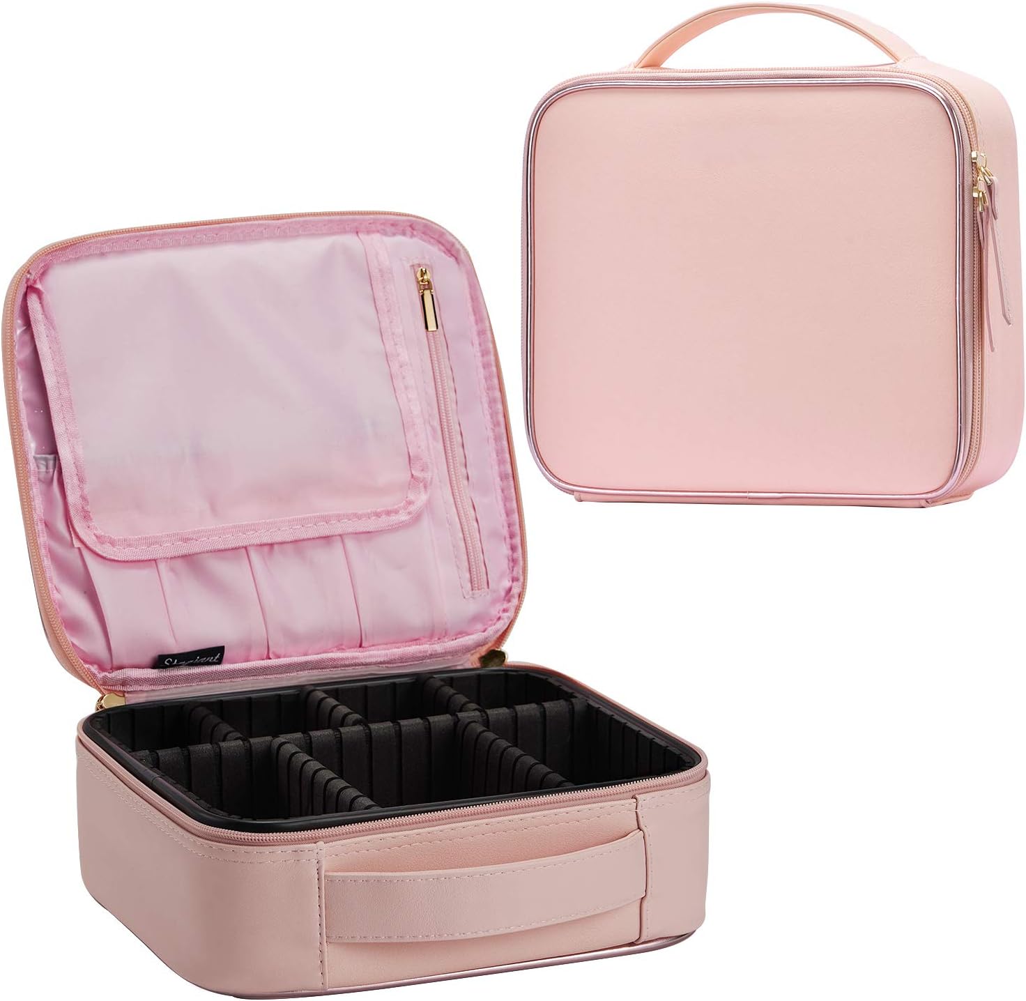 Stagiant Makeup Bag Portable Travel Makeup Train Case PU Leather Cosmetic Storage Organizer with Dividers for Girls Cosmetic Make Up Tools Toiletry Jewelry Digital Accessories (Pink)