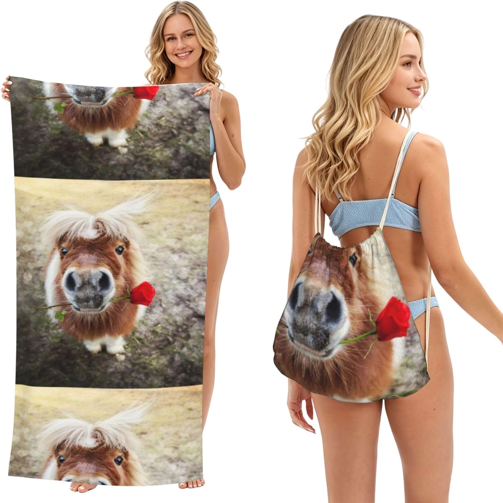 Poadnly As Picture Horse And Rose, 2 In 1 Packable Towel Bag, Beach Towels With Drawstring Backpack For Travel Holiday Camping
