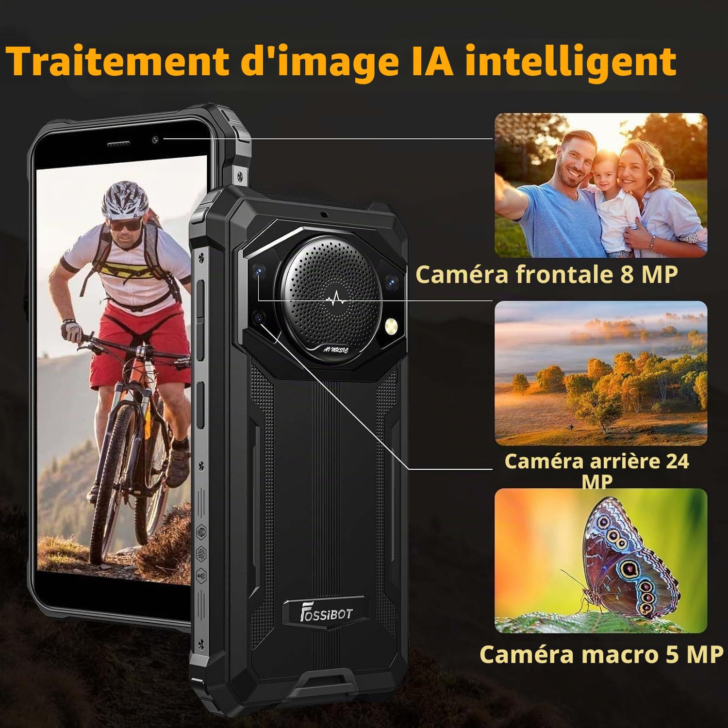 FOSSiBOT F101P Telephone Portable Incassable 10600mAh 18W 24MP Caméra, Smartphone Incassable 7Go + 64Go/1To, Android 13 4G Double SIM, 123 DB Haut-parleur/Octa-core/IP68/IP69K/OTG/Chantier (Noir)