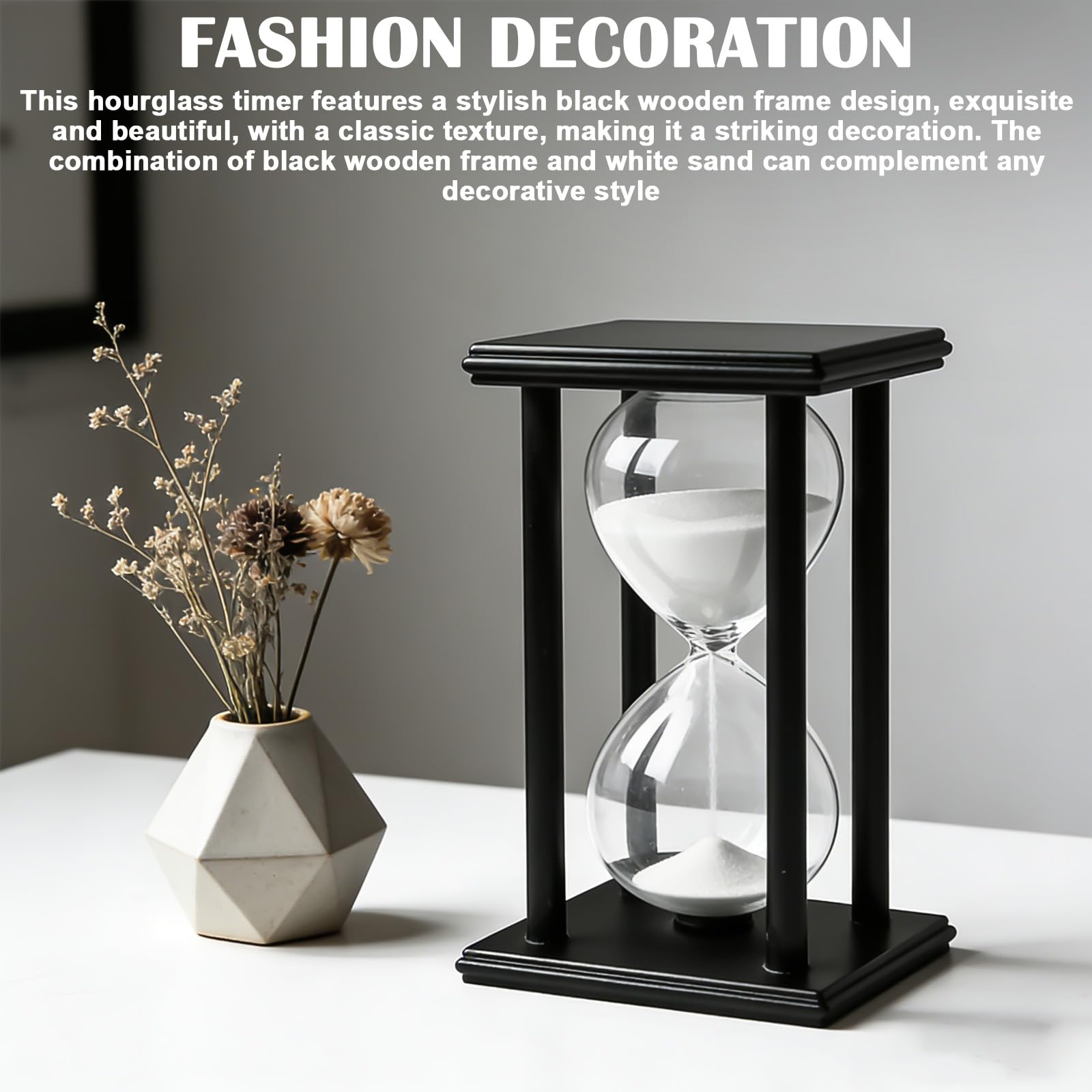 Clessidra 60 minuti: telaio in legno nero bianco sabbia clessidra timer, timer Hourglass sandglass 1 ora clessidra per ufficio soggiorno studio cucina decorazione 20 x 10 cm
