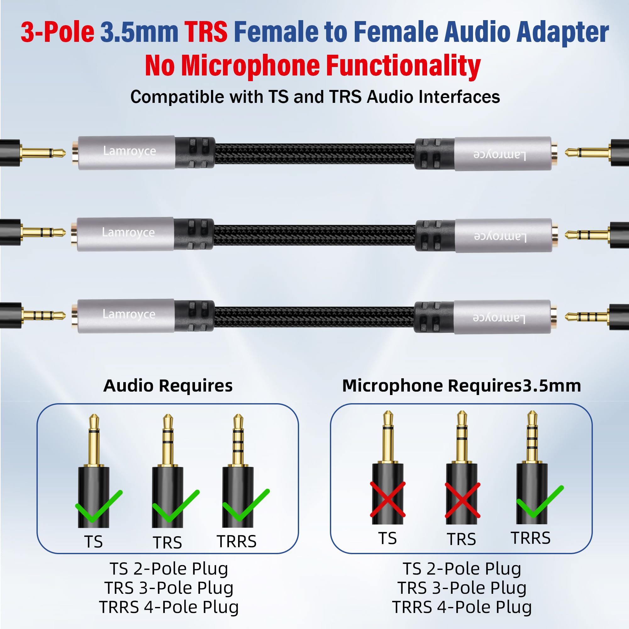 Câble adaptateur audio auxiliaire TRS 3,5 mm 3,5 mm, 0,6 m, 3,5 mm, prise jack stéréo TRS femelle vers femelle plaqué or, cordon d'extension auxiliaire, noyau OFC, pour casque, stéréo de voiture