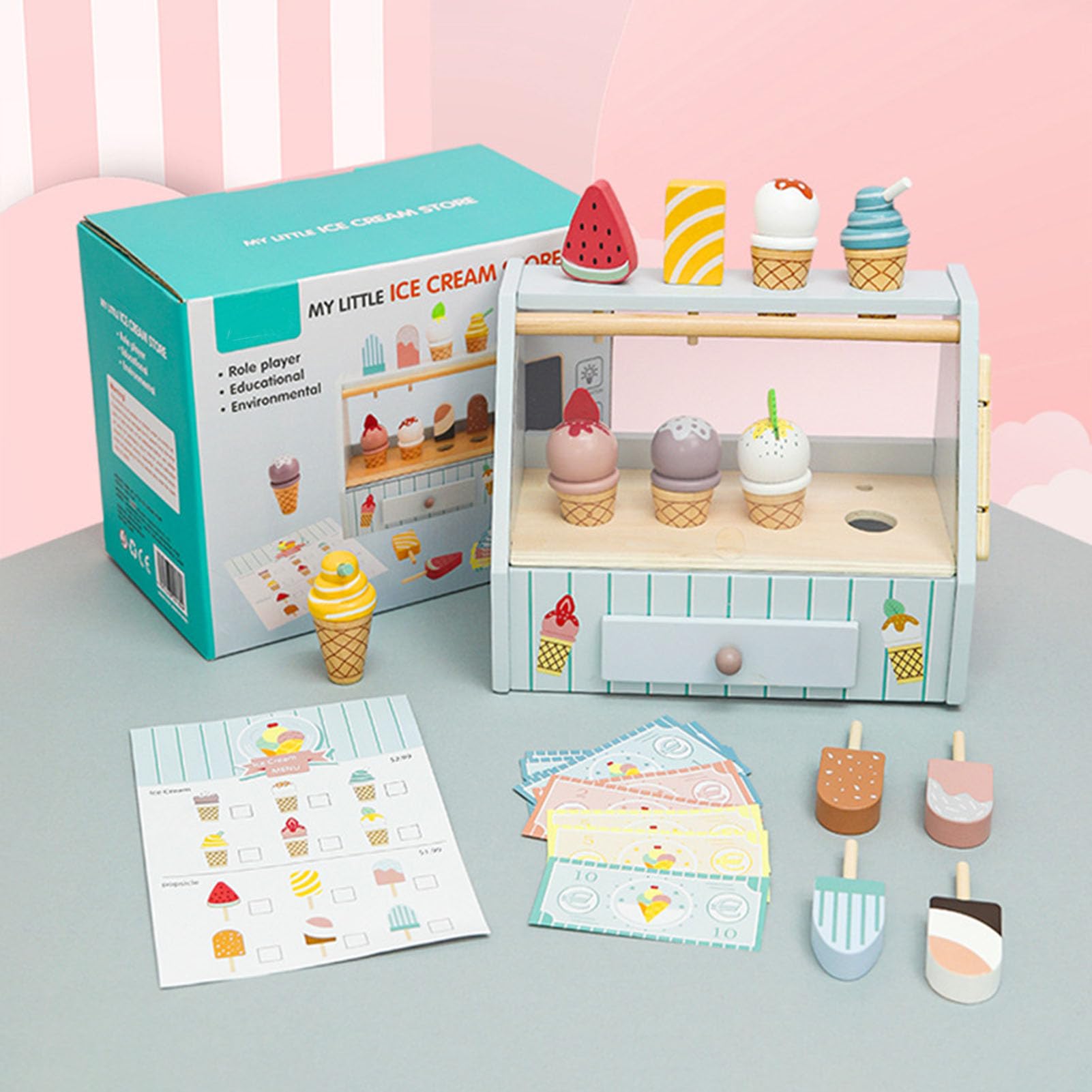 Set di Gioco del Negozio di Gelato in Legno, Stand di Gelati e Ghiaccioli da Gioco con Accessori