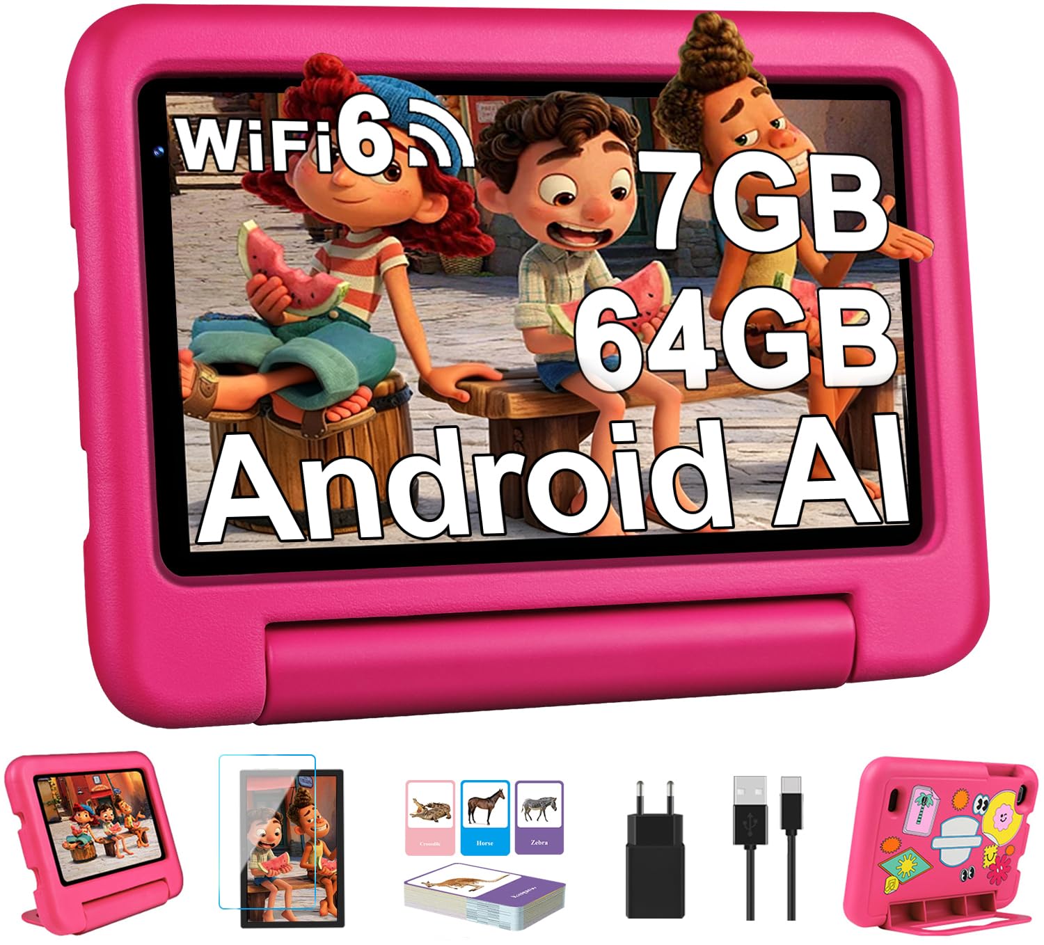 2026 Tablet Bambini 7 pollici Android, 7GB RAM + 64GB ROM/TF 1 TB, Wi-Fi 6, BT 5.0, 8-core, Batteria 3500mAh, Controllo Parentale, Doppia Fotocamera, GMS, Tablet Bambini Con Custodia in EVA - Rosa