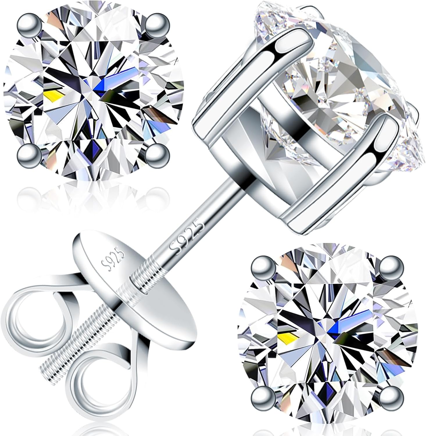 Moissanite Earrings for Men Women, 0.2ct-3.0ct Men 925 Sterling Silver Earrings, Round Cut Diamond Stud Earrings for Women