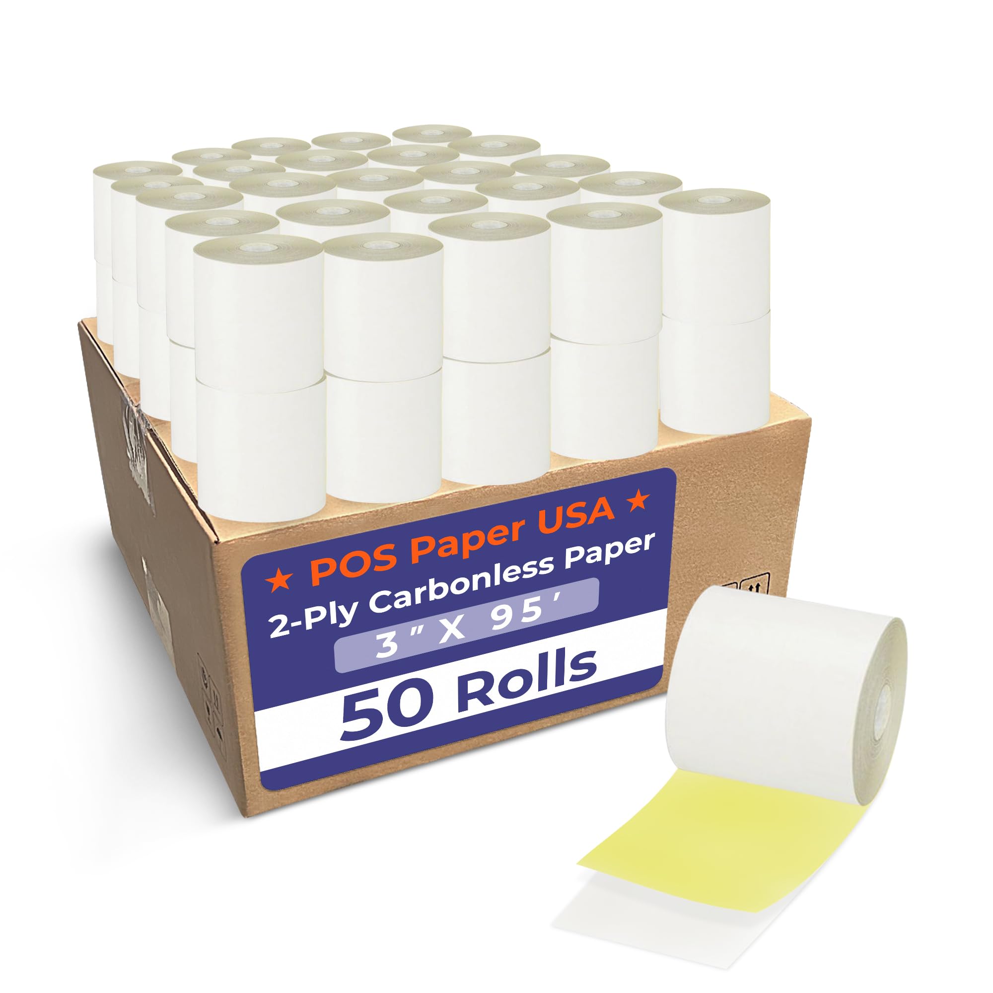 POS Paper USA 3" x 95' 2-Ply Carbonless Paper (50 Rolls/Case) - White/Yellow - BPA Free