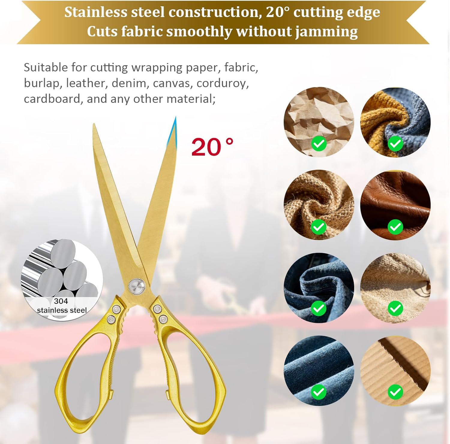 Large Ribbon Cutting Scissors,Heavy duty gold stainless steel scissors,With scissors and a pair of white gloves,Suitable for Ribbon-Cutting,Office,Home,and Crafts, Right/Left Handed (10.83 inches)