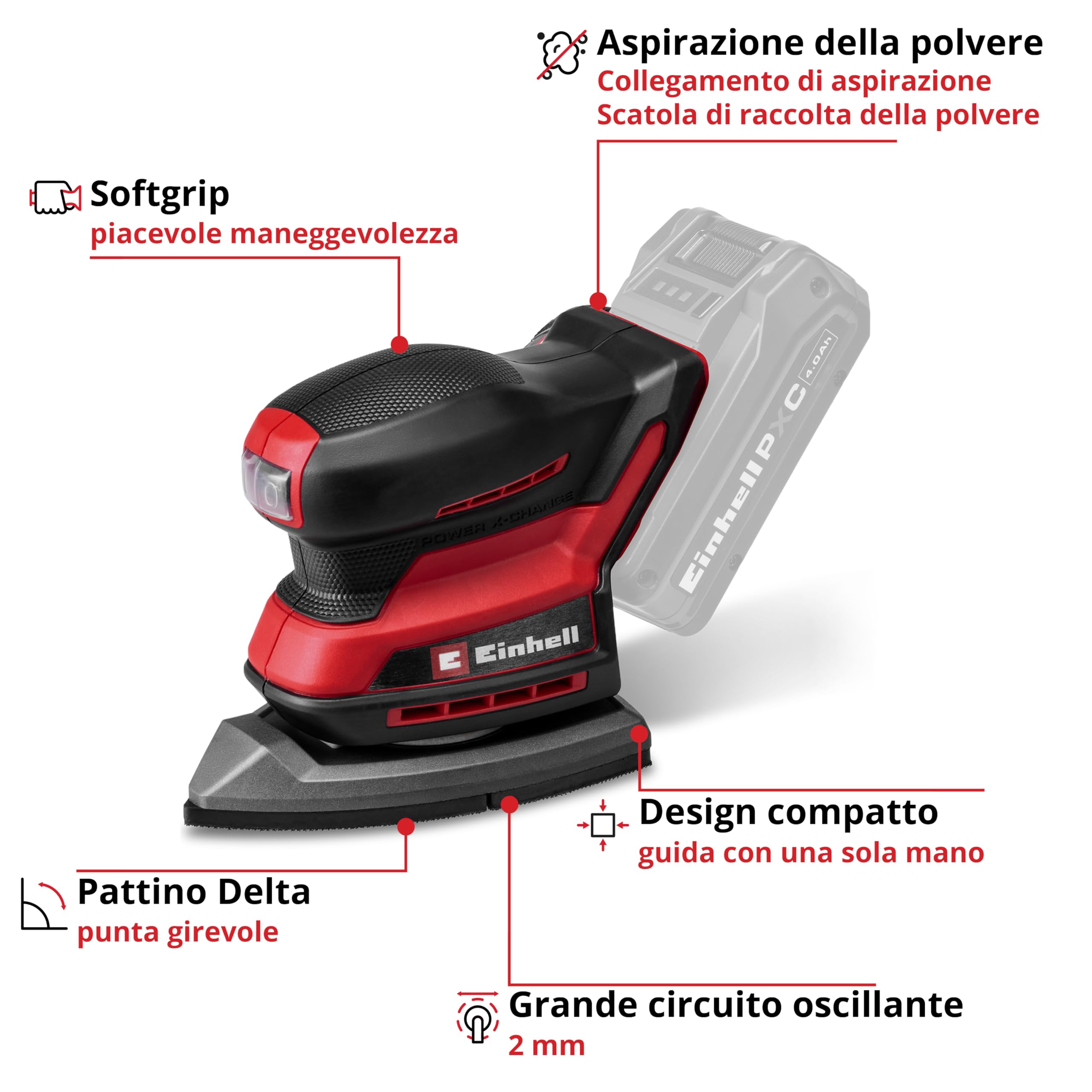 Einhell Levigatrice multifunzione TE-OS 18/150-2 Li Power X-Change (18 V, 24000 giri/min, circuito oscillante da 2 mm, raccoglipolvere, attacco aspirazione, inclusa 6 carte abrasive, senza batteria)