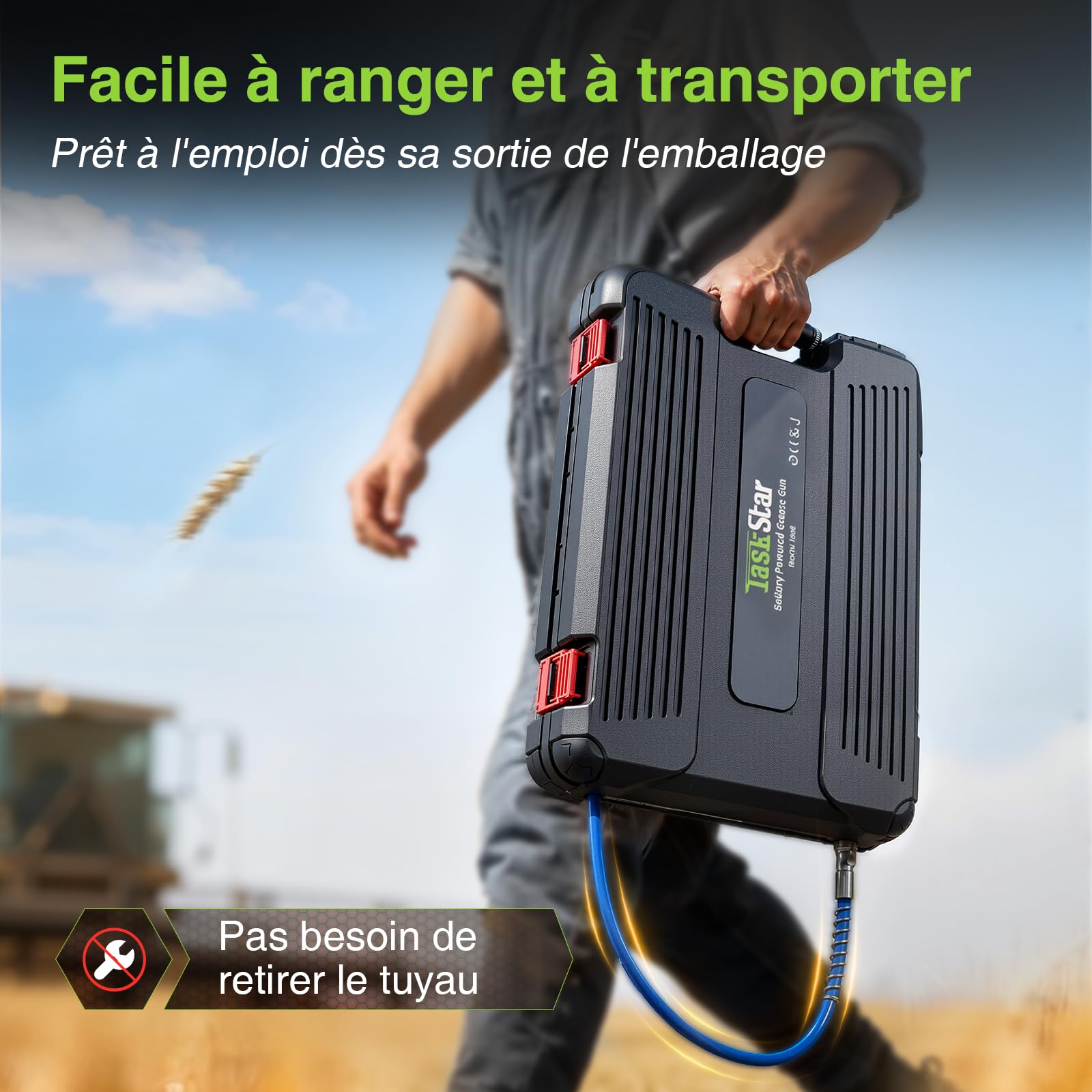 TaskStar Pompe a Graisse Electrique à Haut Rendement: Pompe à Graisse avec 2 * 2.0Ah Batteries, Embout Améliorée, Pistolet à Graisse 10000 PSI pour Les Agriculteurs et Les Propriétaires d'équipement