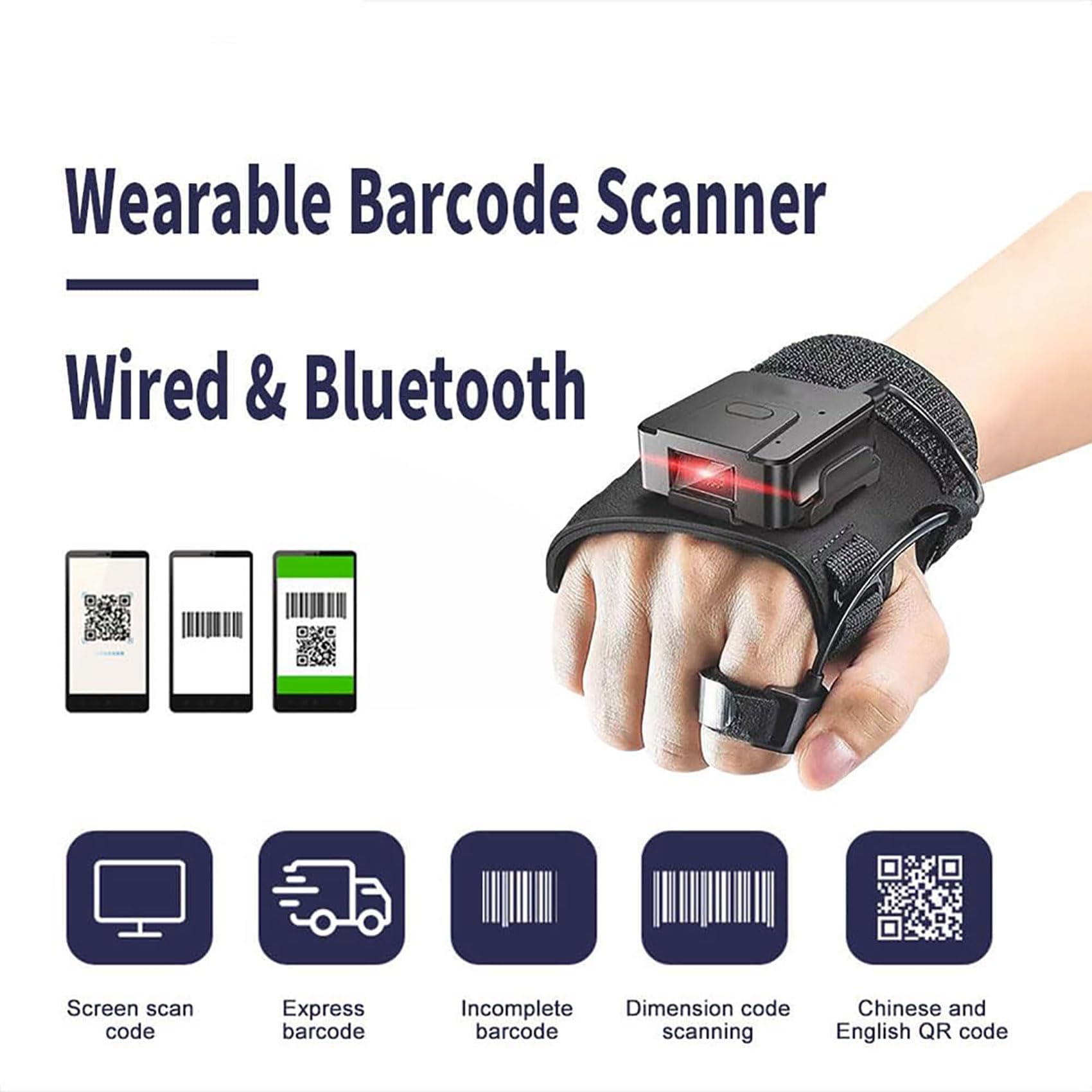 Rękawica do noszenia skaner kodów QR, skaner kodów kreskowych 1D 2D z pierścieniem na palec Bluetooth, do noszenia po lewej i prawej stronie, bateria 1600 mAh, do kontroli towarów masowych,