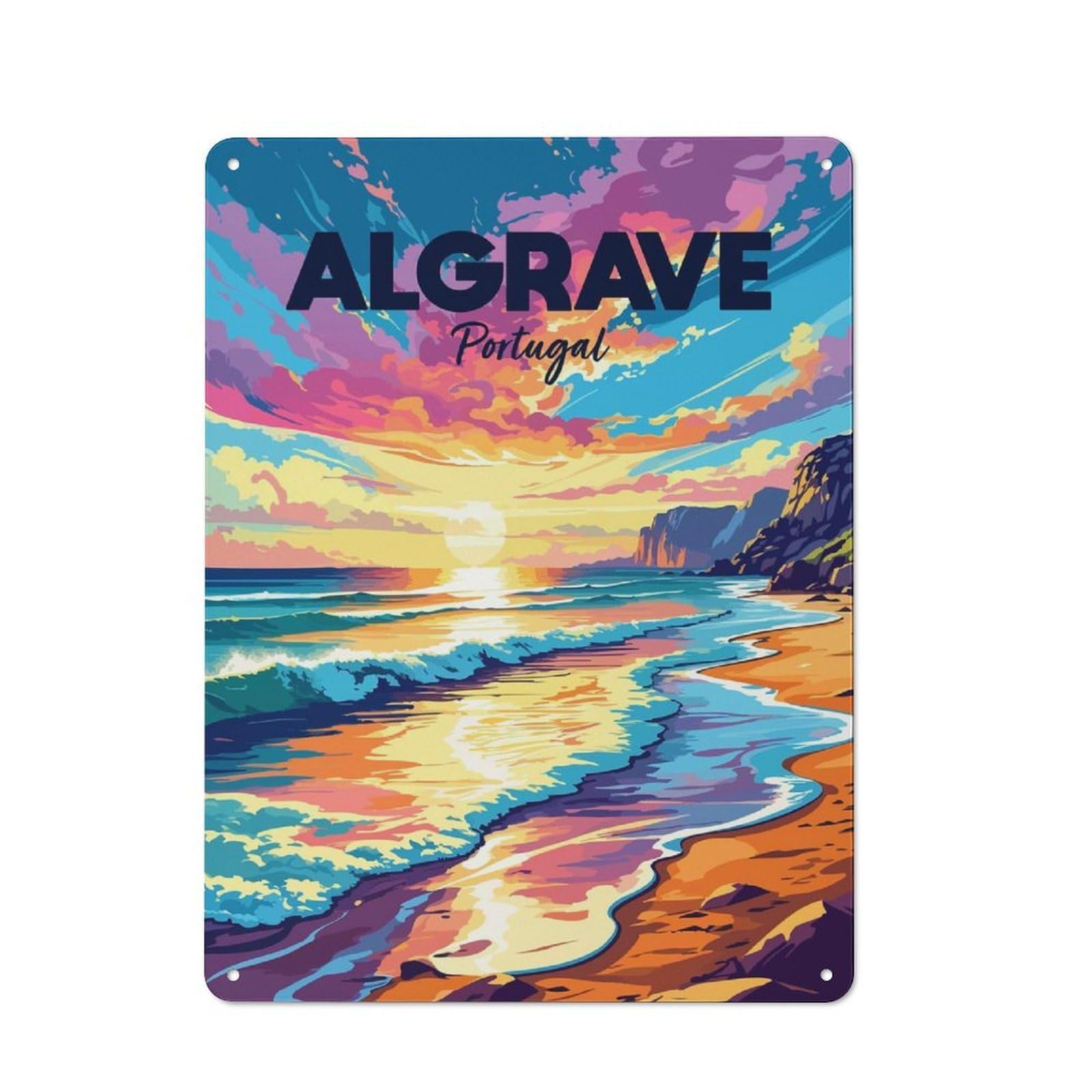 Junmoney Style Decorative Tin Plaque With Algarve Portugal Beach Sunset Art Design 40X30cm, Decorative Novelty Wall Art For Bedroom, Kitchen, Office Or Living Room