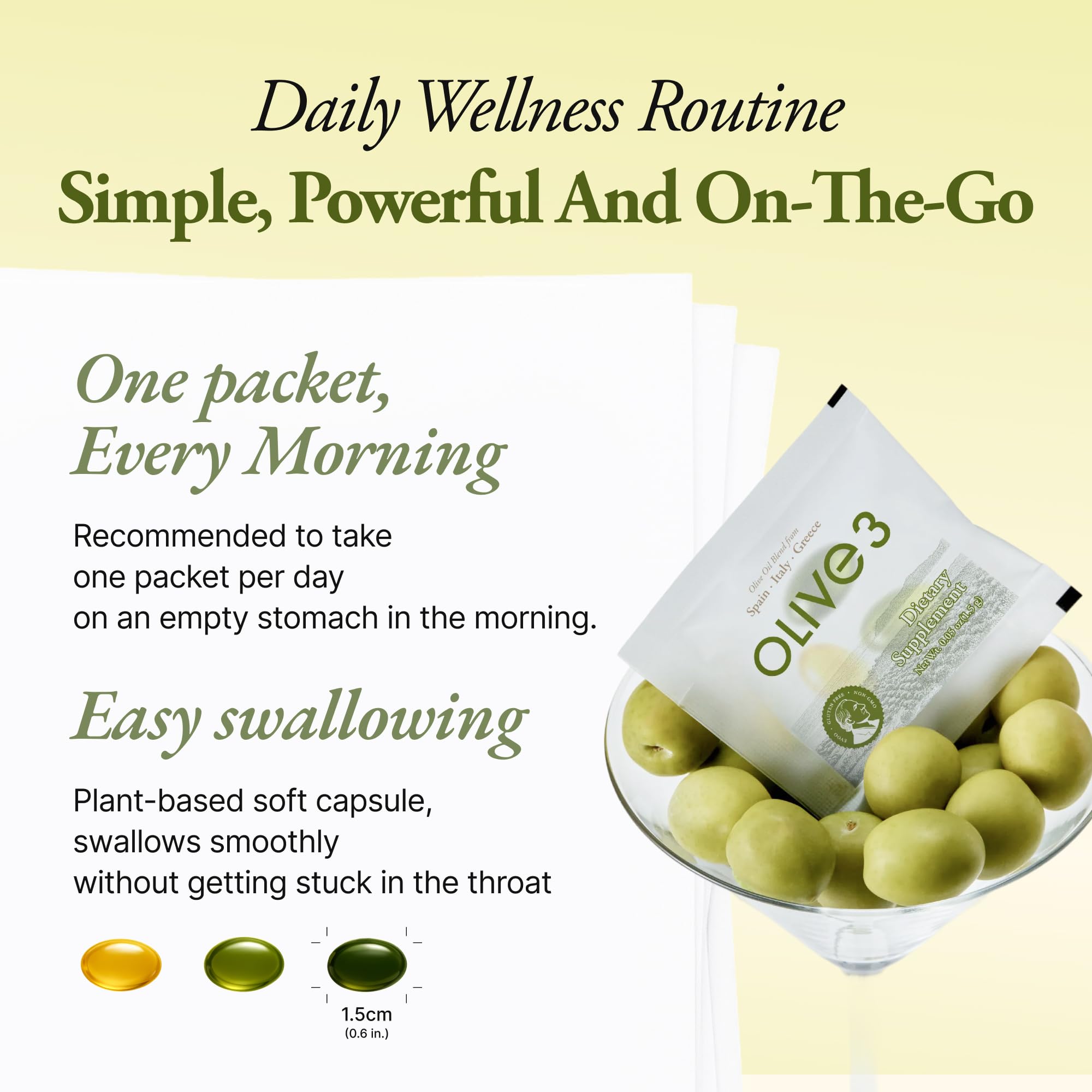 Olive3 Extra Virgin Olive Oil Softgel Capsules, 1,218mg/kg, High Polyphenol, Cold Pressed Blend of Spain, Italy & Greece, Antioxidant Support, 14 Daily Packs — Amazon image 8