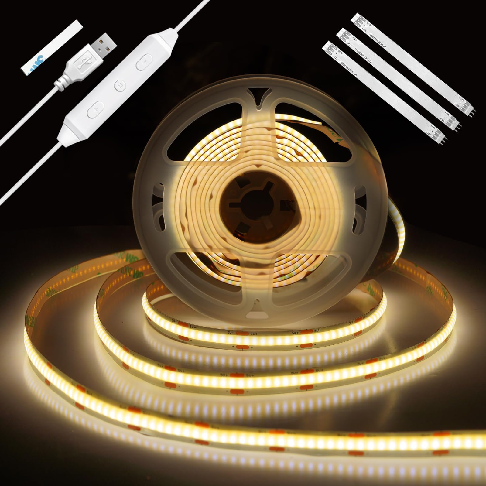 Enteenly White Cob Led Strip Light 2M, Usb 5V Tv Backlight With Dimmer And Memory Function, Dotless Dimmable Led Strip For Tv Bias Lighting, Under Cabinet, Ambient Lighting, 4000K