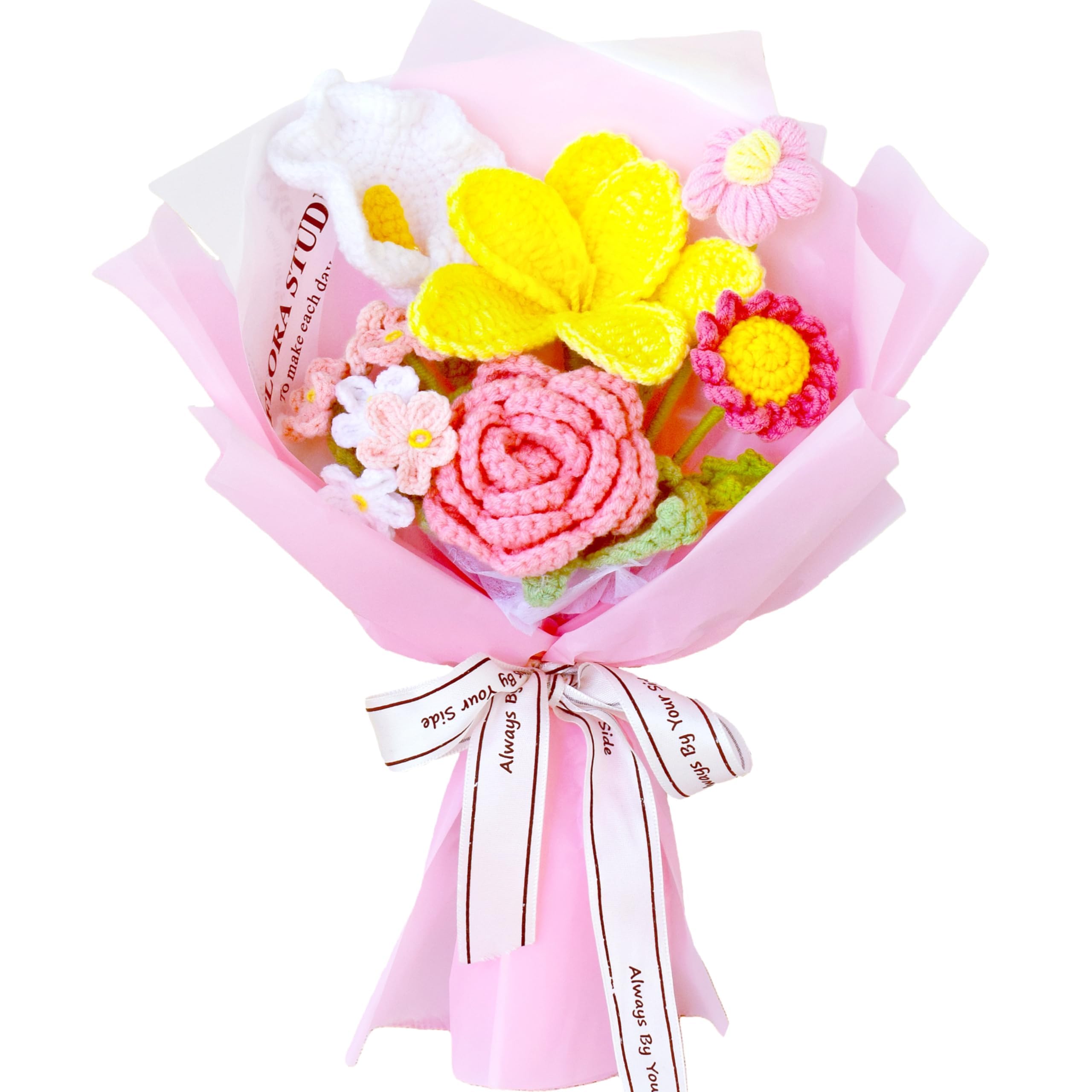 Photo 1 of Nikuoan Crochet Flowers Bouquet,Pink Rose Calla Lilies Daisy Knitted Finished Flower Bouquet,Handwoven Yarn Artificial Flowers Gift for Lover Friend Teacher Wedding Anniversary Mixed Flower