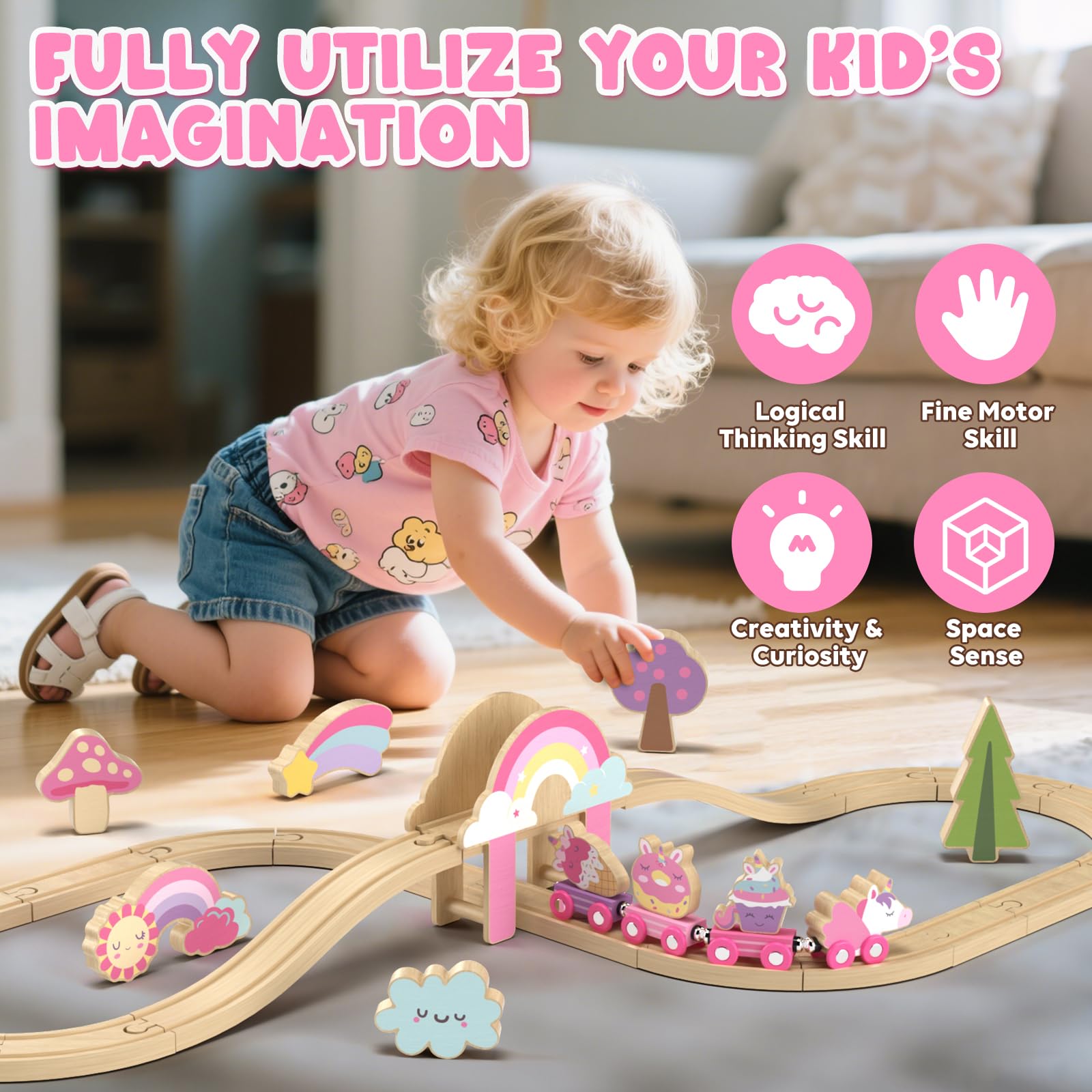 Lehoo Castle Unicorn Gifts for Girls Wooden Train Set Toddler Toys for 3 4 5 6 Year Old Gifts - Image 3