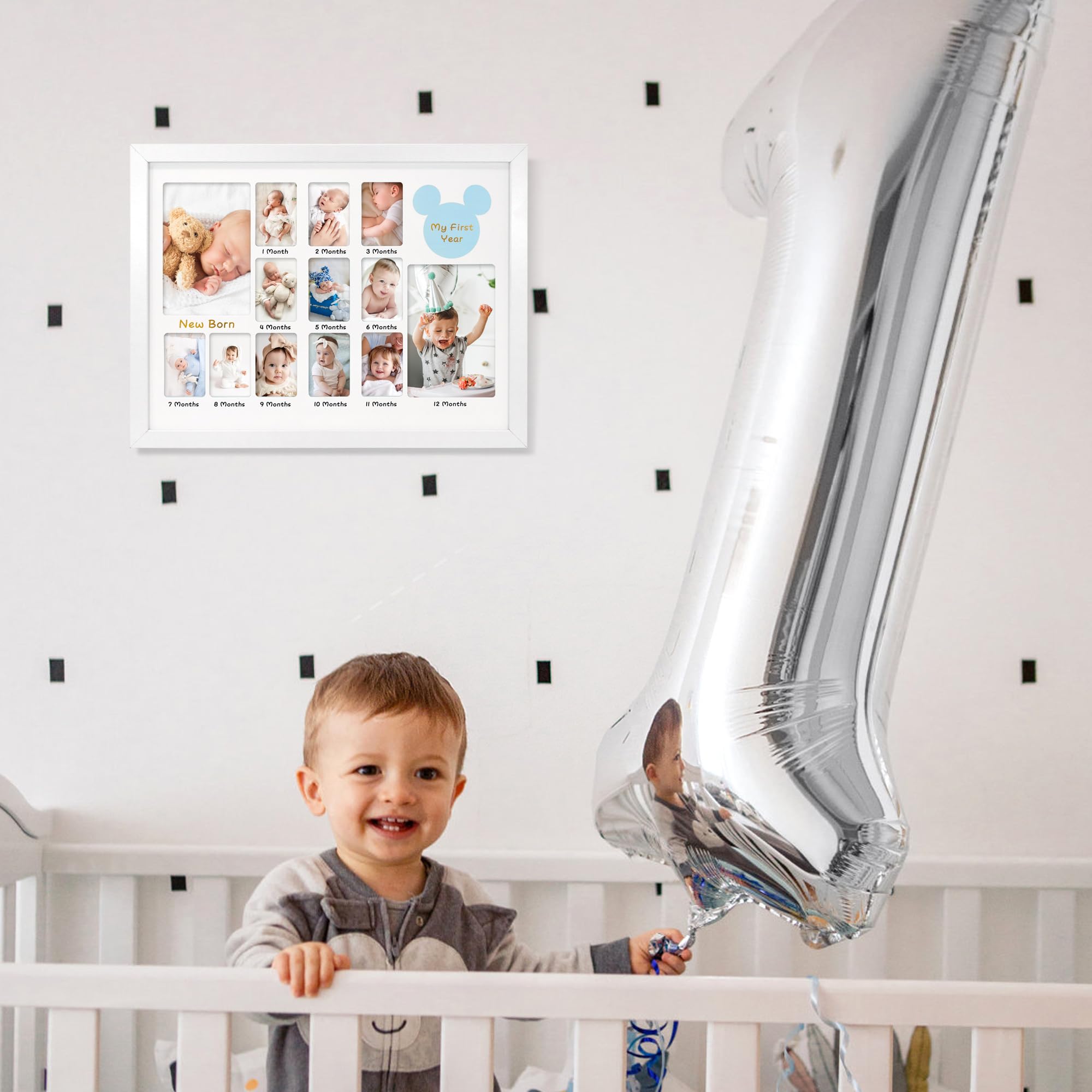FramePro My First Year Photo Frame 12x16, Baby's First Twelve Months 4x6 and 2x3 Wallet Pictures Milestone Board Keepsake, as New Mom Baby Newborn Gift, White