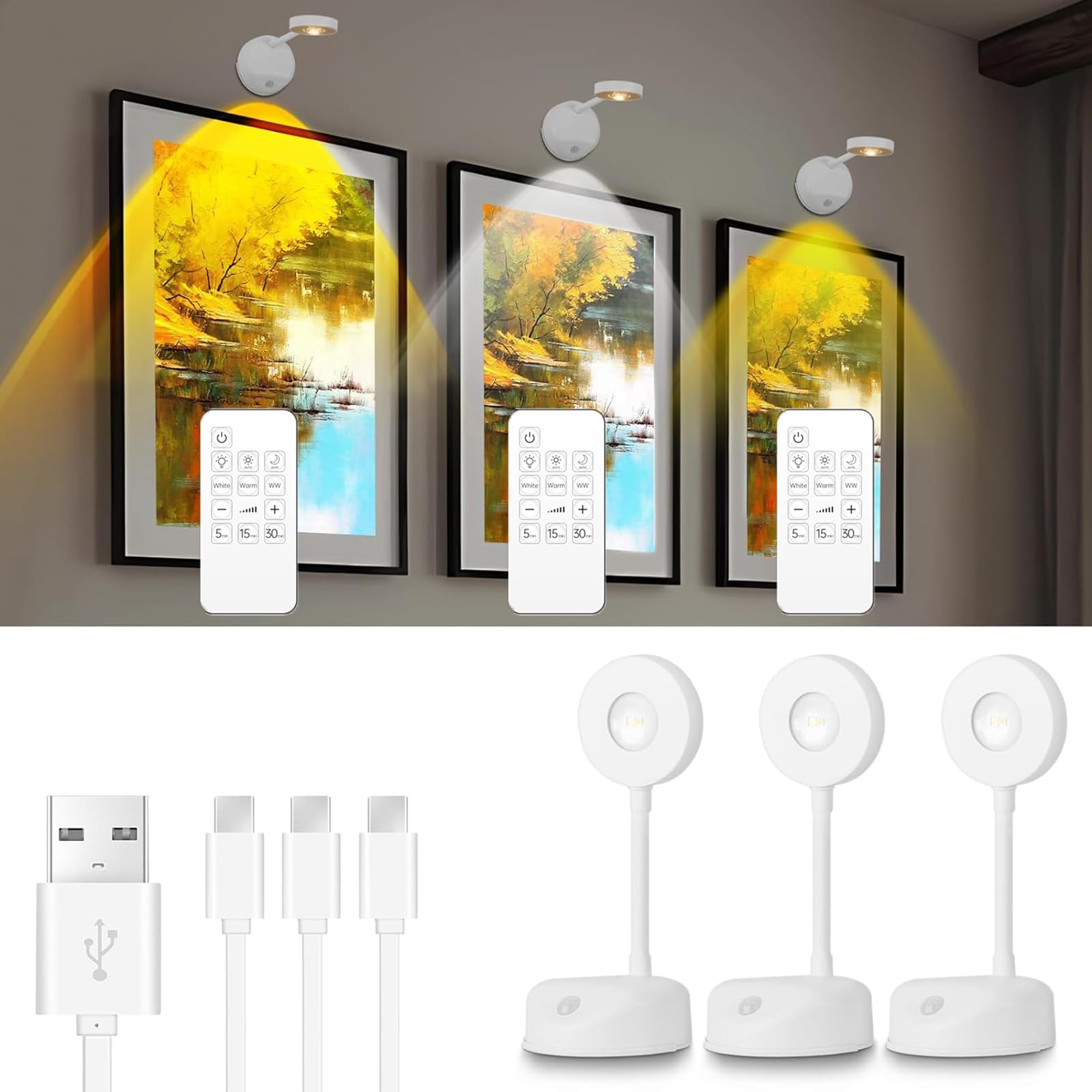Tashace Rechargeable LED Wall Lights Motion Sensor Wall Light Wireless Picture Light with Remote for Bedroom Art Exhibition Cabinet (Color : White, Size : 3 Pcs)