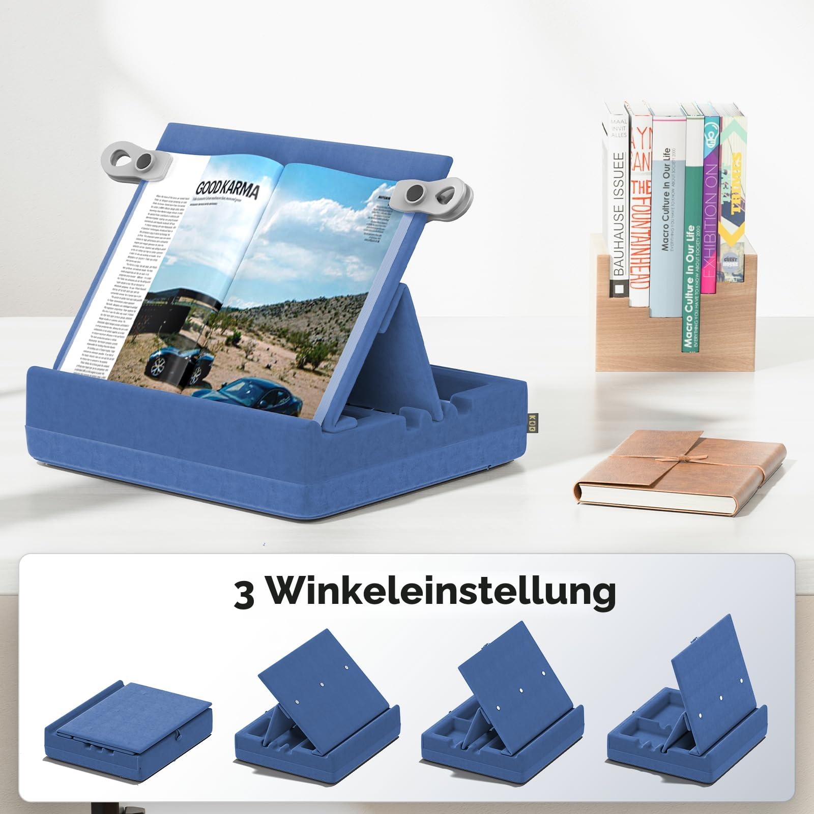 KDD Buchständer Bett Kissen mit Aufbewahrung, Faltbare Buchhalter Leseständer & Buchkissen für Schoß Bett Küche Tisch Kinder, Tablet Kissen Halter für Buch Tablet Handy E-Reader Buch Zubehör, Blau
