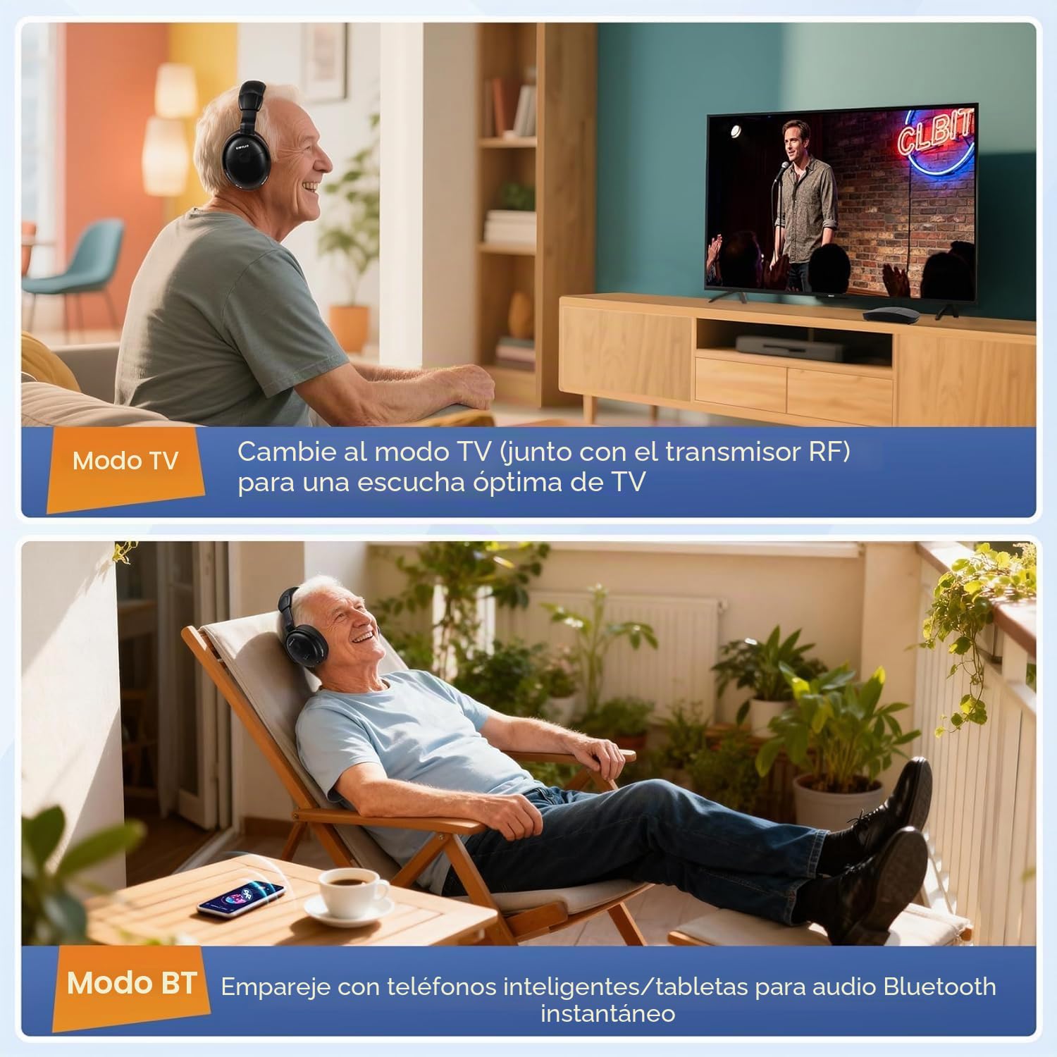 SIMOLIO 825D Auriculares Inalámbricos para TV con Voz Clara para Diálogos | Modo TV y BT, Modo Escucha & Batería Extra para Mayores, Control de Tono y Balanc, Sin Retraso, Conexión para Soundbar, 50M