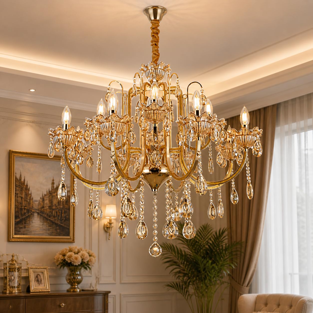 Crystal Chandelier Ceiling Light, Gold Finish Hanging Lamp with Glass Arms & Crystal Drops, Modern Decorative Lighting Fixture for Living Room, Dining Room, Bedroom & Home Decor (12)-image-47