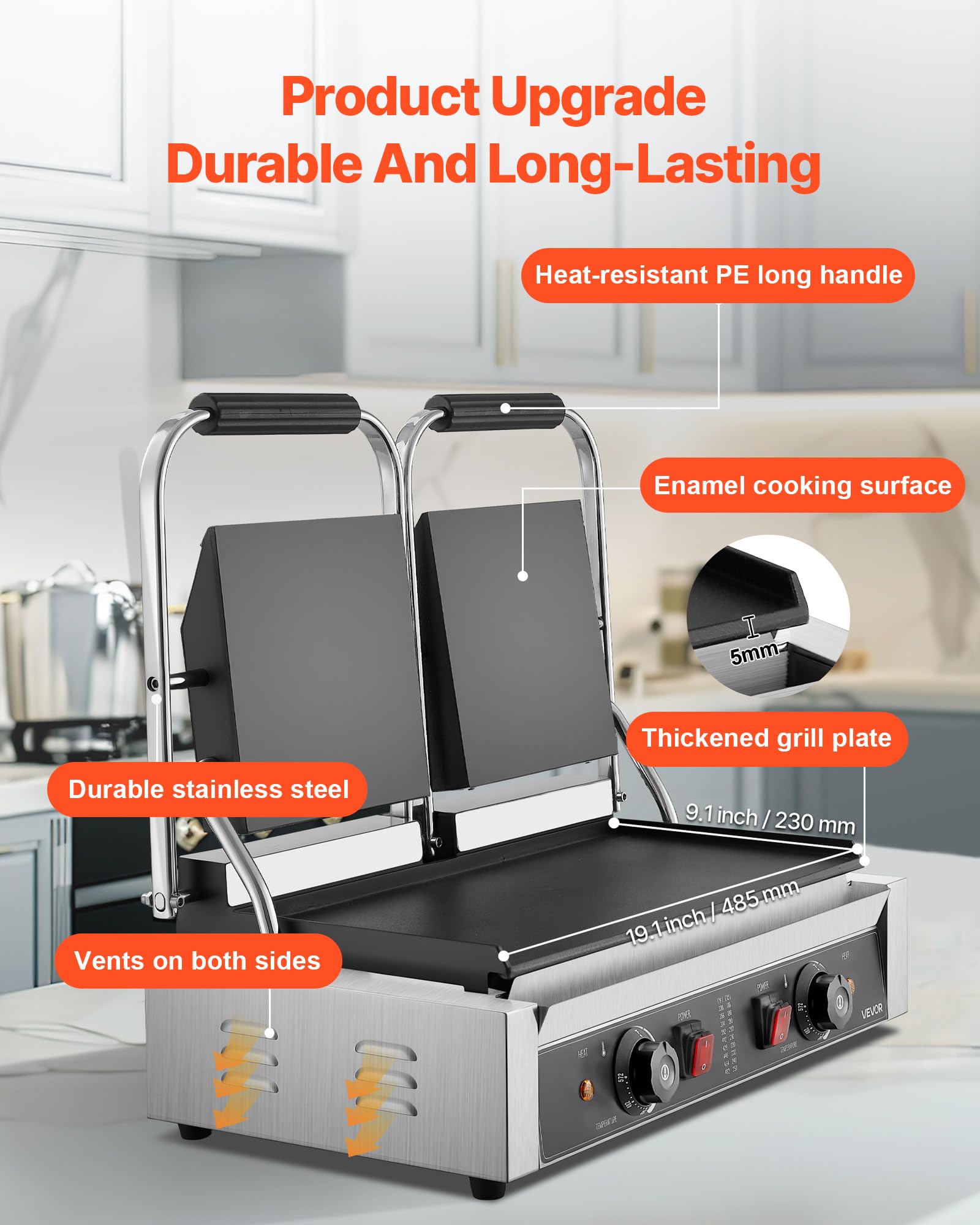VEVOR 3600W Grill elettrico per panini,doppia piastra per panini con piastra smaltata piatta da 48,5x23 cm,piastra per panini in acciaio inox,controllo della temperatura,per hamburger,bistecche,cucina