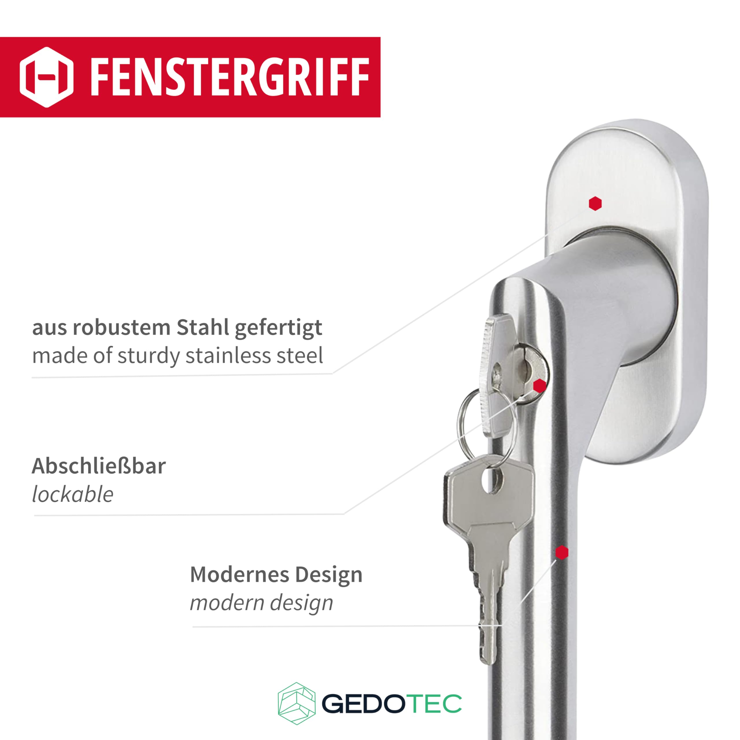Gedotec Manillas de ventana con cerradura | 5 piezas | Acero inoxidable | Manilla de persiana abatible y giratoria con cerradura y cilindro de cierre | Herrajes de ventana de diseño para puertas de