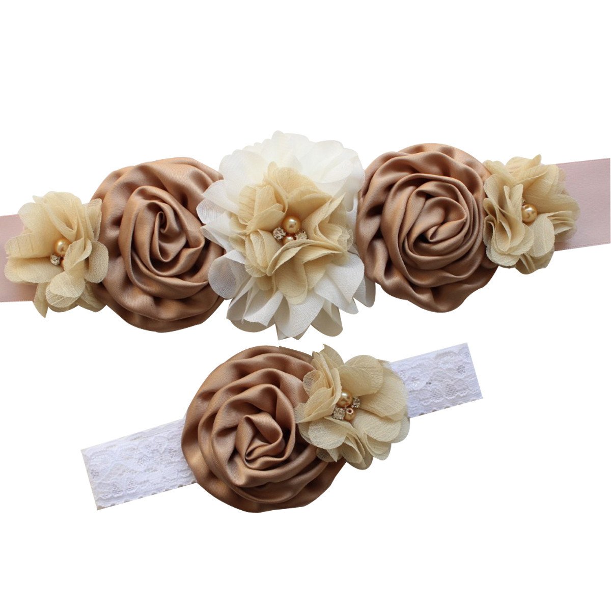 Fashion Damen Satin Seide SchäRpe Blume GüRtel GüRtel FüR Hochzeit Braut Retro Rose Pearl Mutterschaft SchäRpe Stirnband