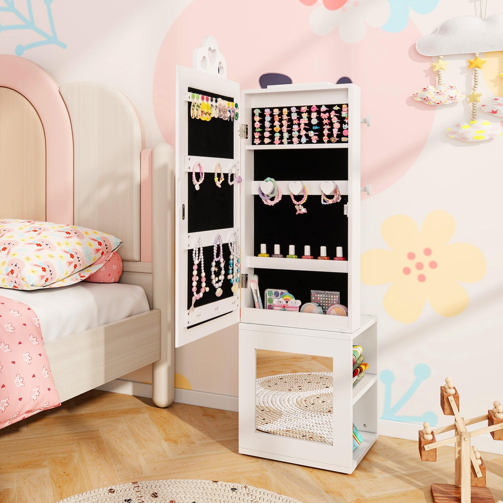 GOPLUS Armario de Joyería para Niños con Espejo de Cuerpo Entero, Organizador de Joyería Infantil de Pie con Perchero, Sistema Antivuelco, Armario de Joyería Princesa para Dormitorio (Blanco)