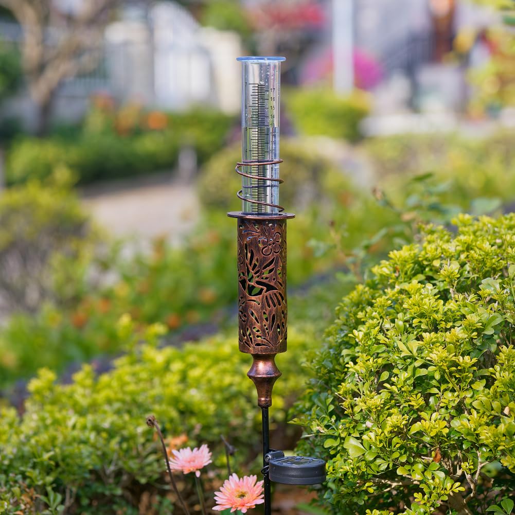 Regenmesser für den Außenbereich, hohl, Kolibri, Solar-Regenmesser, 17,8 cm Rohr-Regenmessgerät mit Pfahl, dekoratives Metall-Regenmesswerkzeug für Hof, Rasen-Ornamente