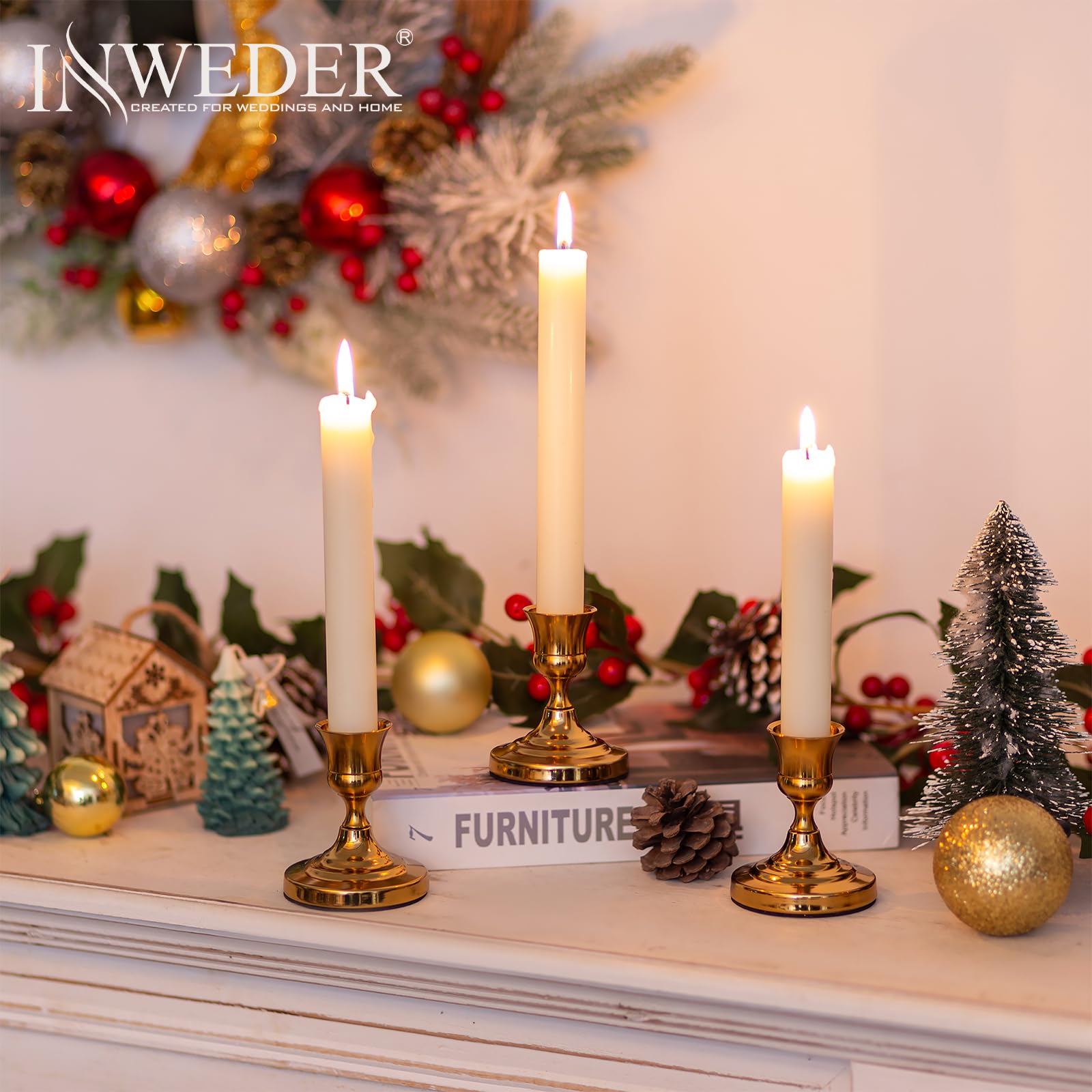 Inweder Candlestick Holders for Table Centerpieces: Set of 6 Brass Gold Candle Holders for Taper Candles Small Metal Candle Sticks for Wedding Christmas Fireplace Windowsill Living Room Decor - Image 4