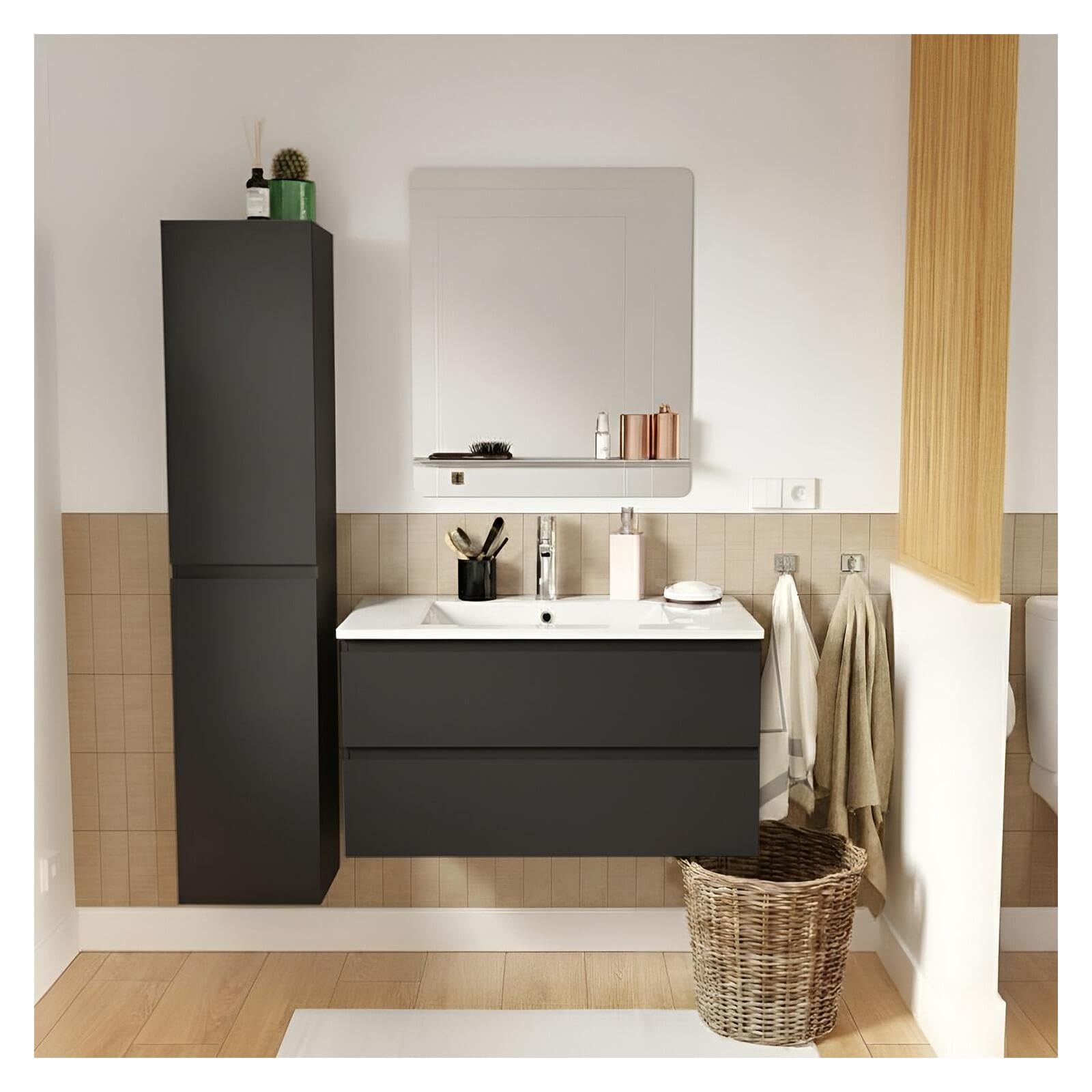 MOB-IN Ensemble Meuble Vasque Sorrento 80cm avec Robinet, Miroir et Colonne