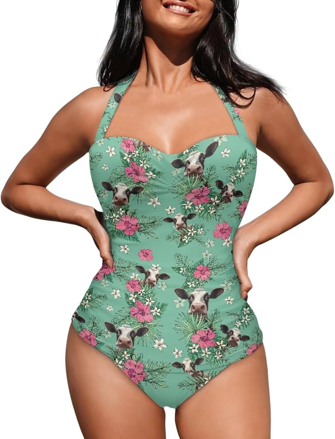 One Piece Swimsuit Women's Cosy Swimwear with Halter Strap Tummy Control Monokini Bathing Suit for Ladies