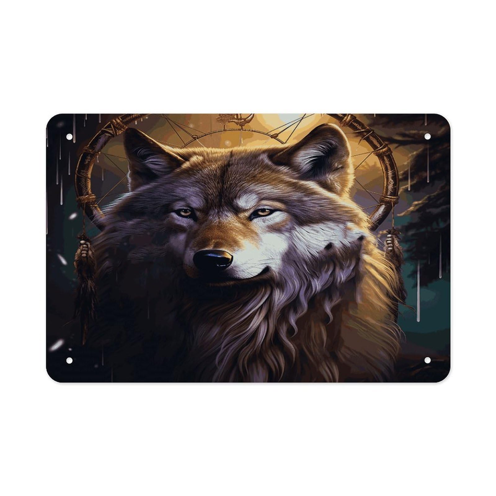 LDGSUPH Wolves And Dream Catchers Metal Tin Sign Wall Art Prints Folded Edge Iron Sheet Painting with Holes for Wall Prints Decorative Picture Metal Signboard Decor Painting Wall Decor