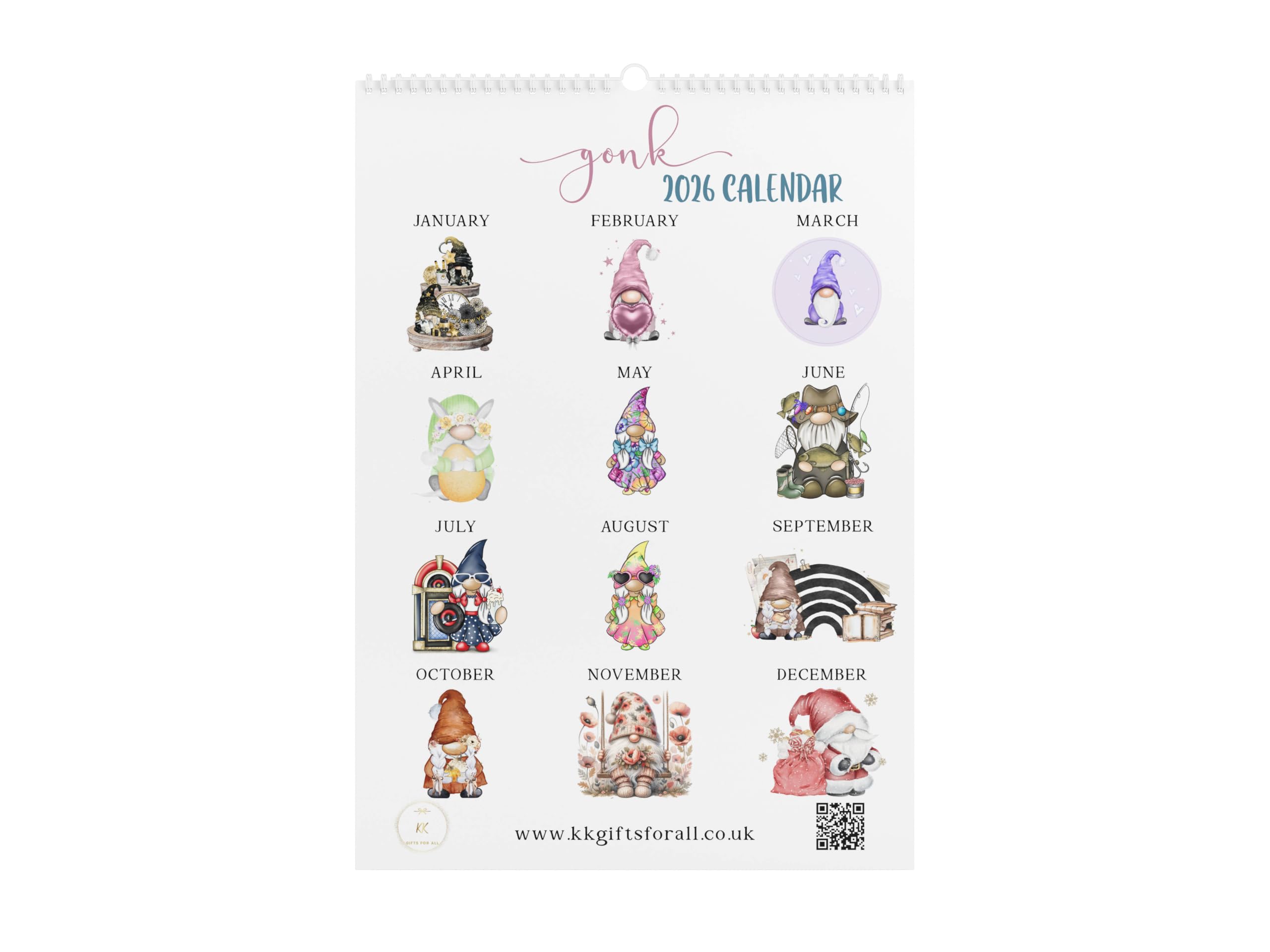 Gnome 2026 Wall Calendar, 12 Months, Cute Seasonal Gonk Calendar, Monthly Grid Layout