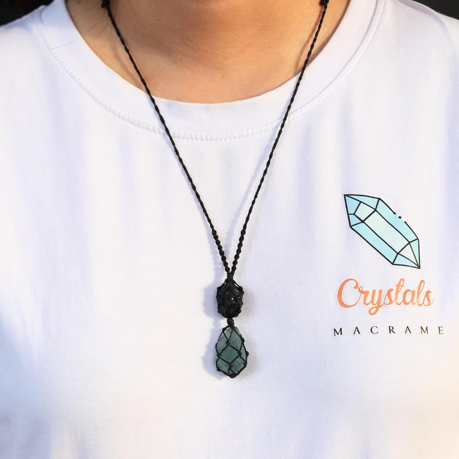 Raw Black Tourmaline and Ocean Flourite Necklace – Handmade Macramé Crystal Pendant for Spiritual & Grounding, everyday energy Gift for Men, Women - Image 5