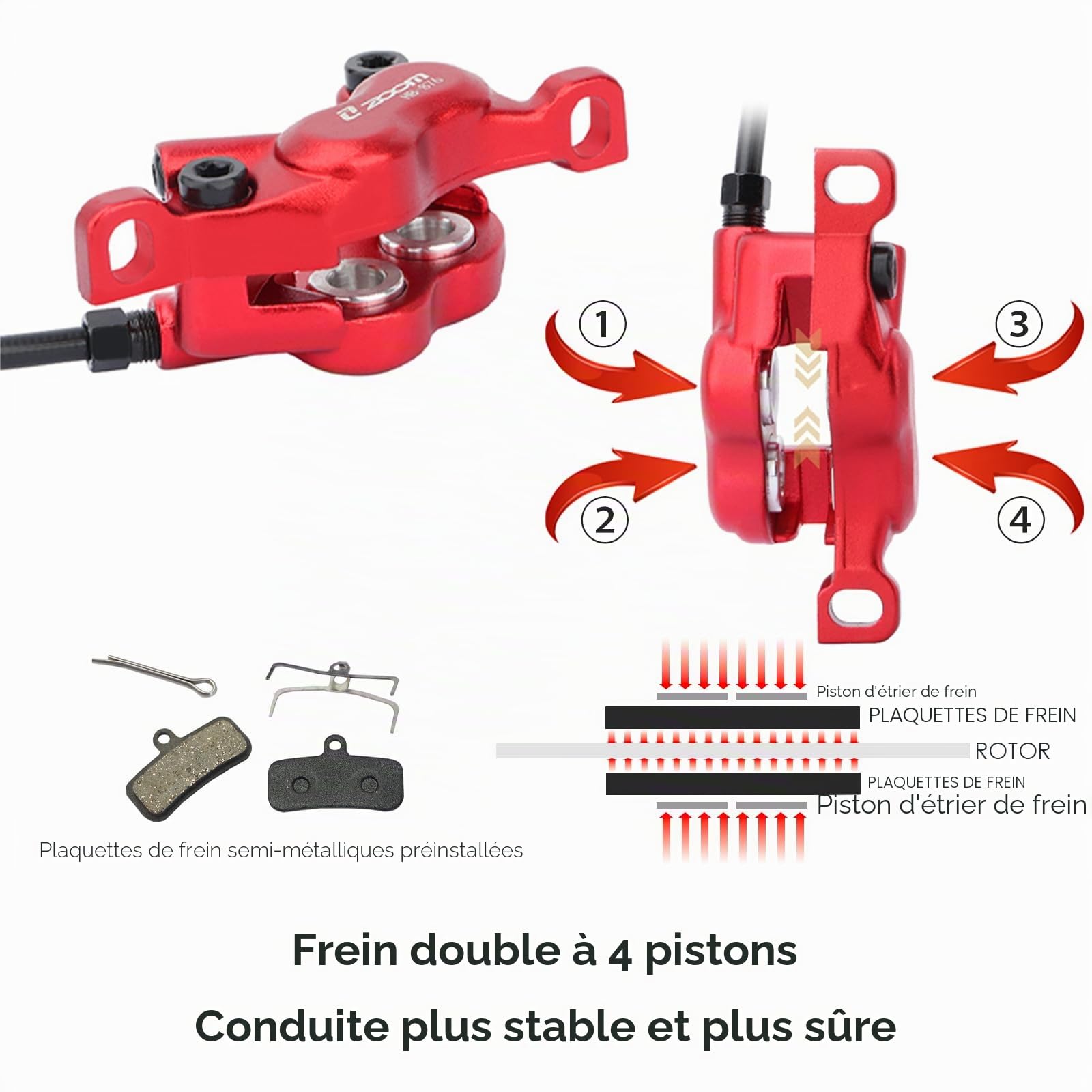 JFOYH Zoom HB876E Freins à Disque hydrauliques pour e-Bike – Système de Coupure Moteur 2/3-broches, étriers 4 Pistons, leviers pré-remplis, rotors 160 mm, kit prêt à Installer