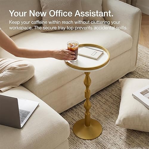 Miniatura 6 de Small Round Gold Side Table,Drink Table with Weighted Base,Modern White & Gold Pedestal End Table with Tray Top Edge for Small Spaces, Living Room,