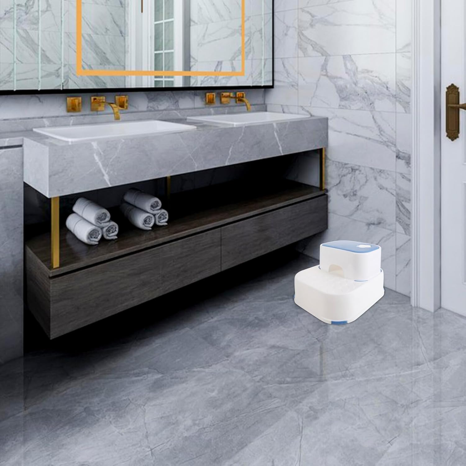 Housoutil Double-Layer Bathroom Step Stool Non-Slip Plastic Toilet Step Stool Blue and White Design Bathroom Sink for Boys