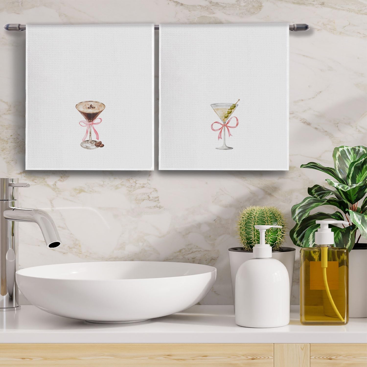 Dirty Martini Gifts Kitchen Towels Set of 2, Pink Coquette Martini Bow Dish Tea Bar Towels for Kitchen Bar Cart Decor, Gifts for Cocktail Lovers Women Decorative Hand Towels, 16x24 Inches - Image 3