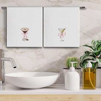 Dirty Martini Gifts Kitchen Towels Set of 2, Pink Coquette Martini Bow Dish Tea Bar Towels for Kitchen Bar Cart Decor, Gifts for Cocktail Lovers Women Decorative Hand Towels, 16x24 Inches