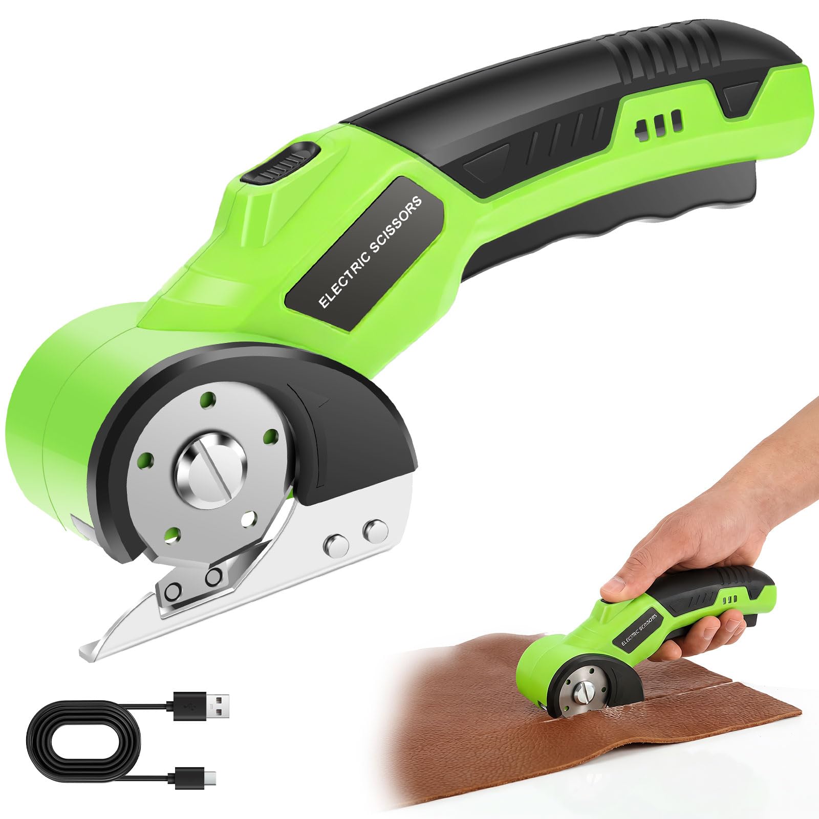 Rechargeable Cardboard Cutter, Cordless Electric Scissors, 4.2V Electric Box Cutter for Cardboard, Safety Lock and LED Light, Powerful Cutting for Carton Carpet Plastic Fabric Leather(Green)
