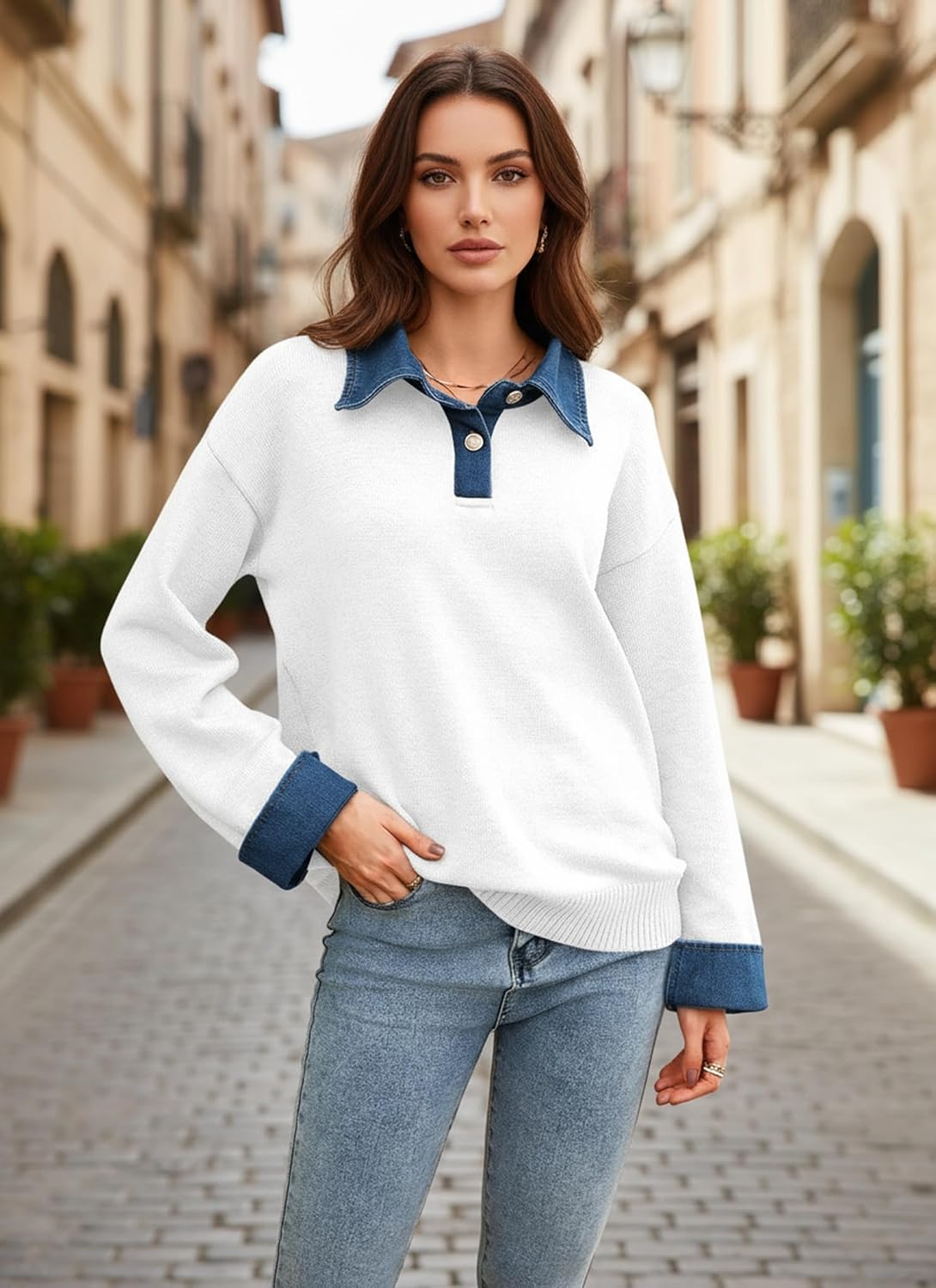 ETCYY Womens Oversized Sweater Cozy Fall Long Sleeve Button Up Denim Polo Pullover Tops Sweatshirt Tunic Collared Sweaters