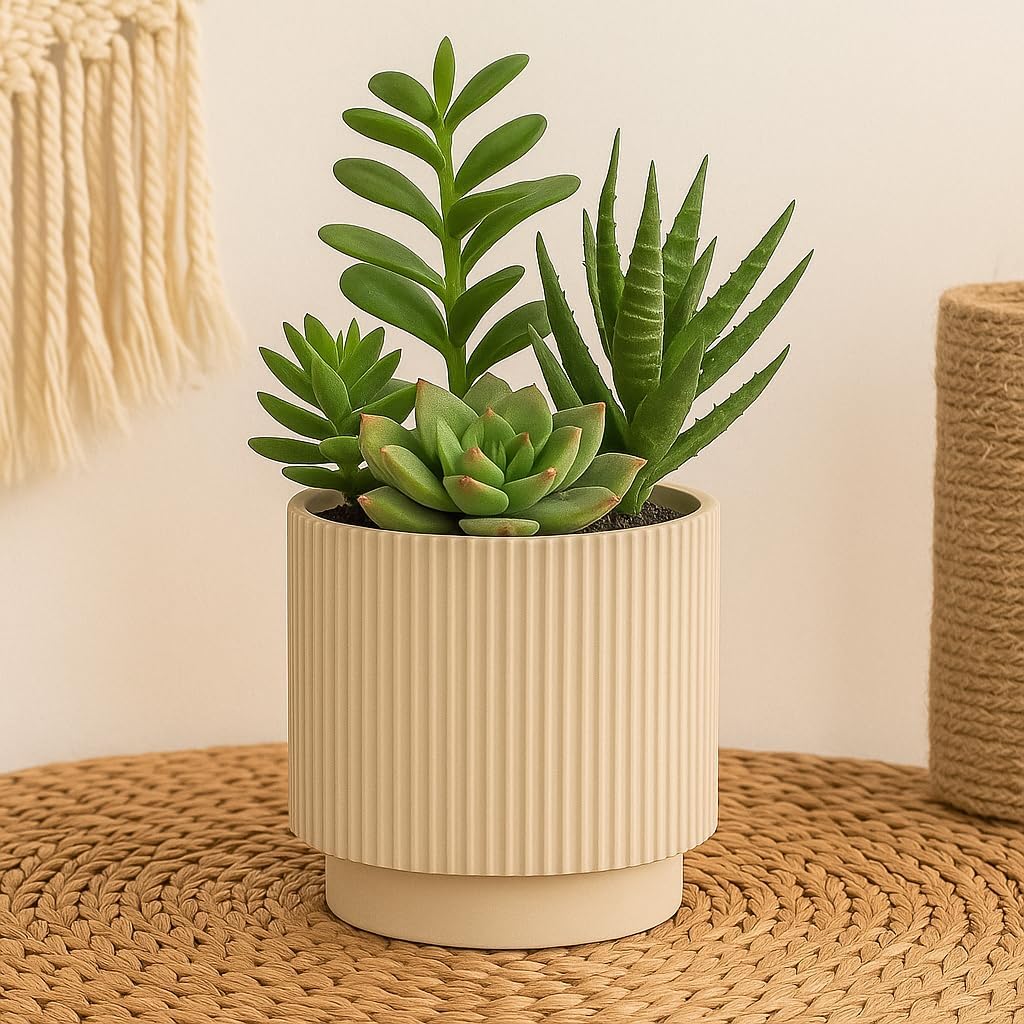 Koyal Wholesale Set of 4 Polyresin Tan Vase Plant for Table Decor - 4.5 Inch Boho Ribbed Small Vase & White Vases for Centerpieces, Modern Fluted Planter with Ribbed Round Design
