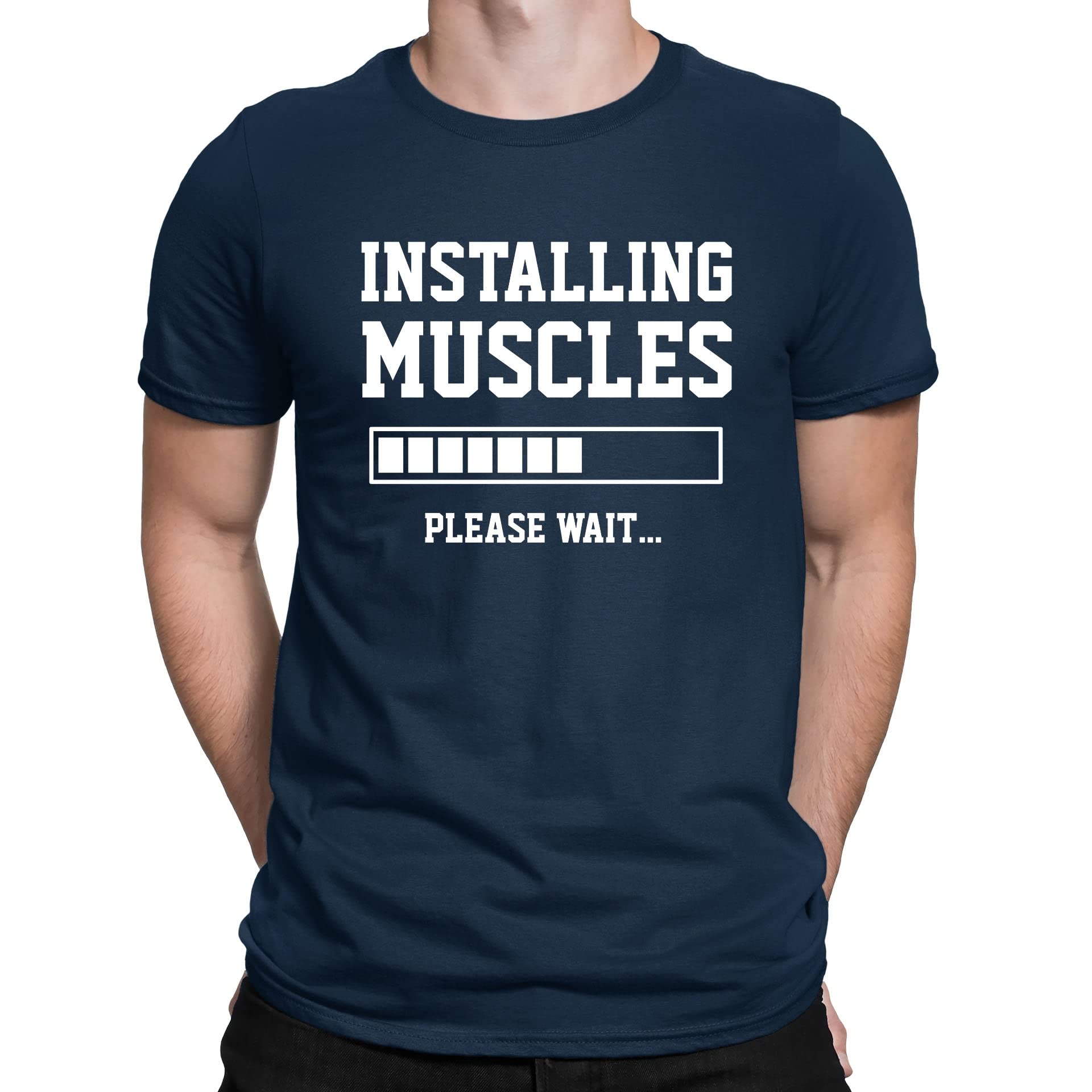 Flip Unisex Navy Blue Installing Muscles Please Wait Gym Slogan Funny Mens T-Shirt (L)