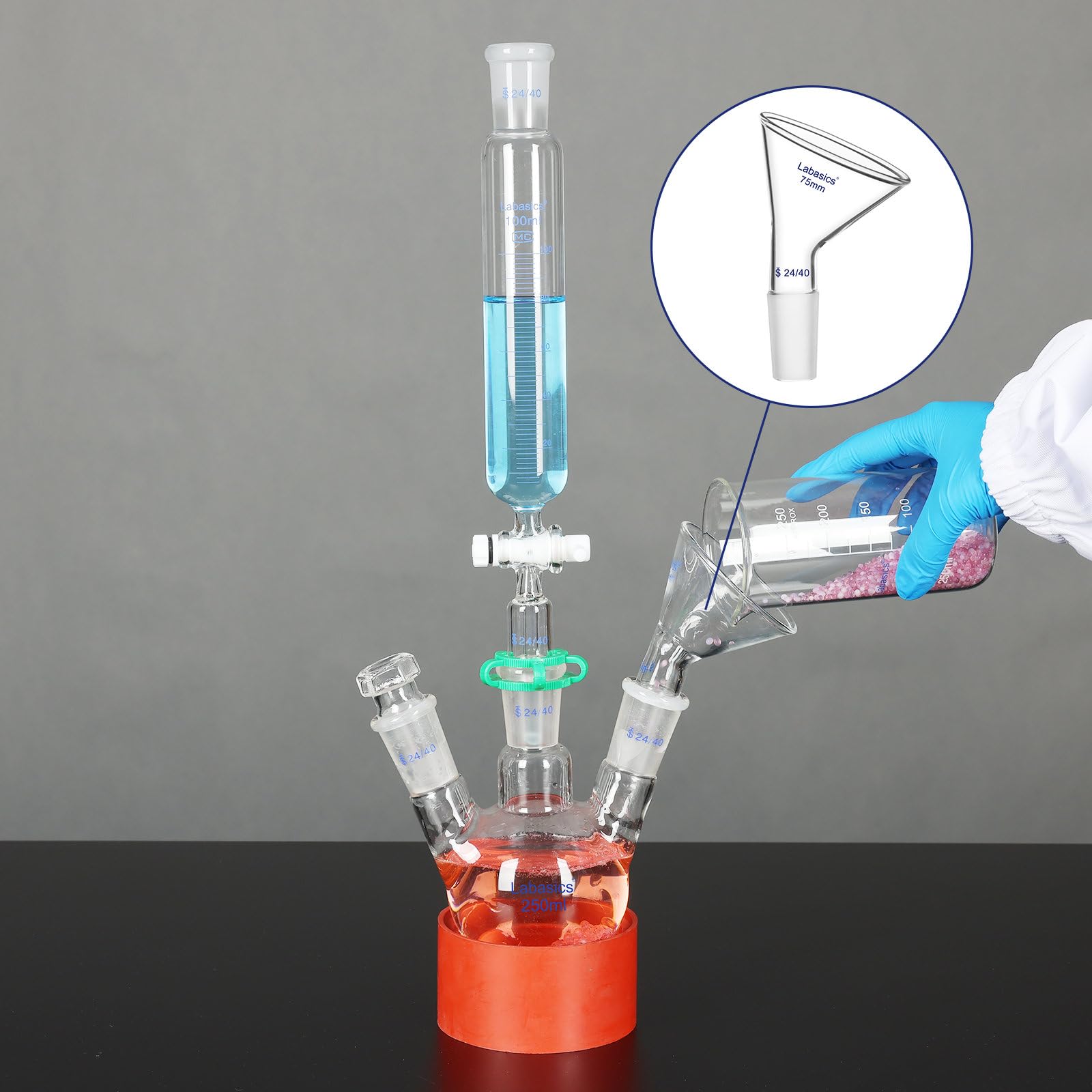 Labasics Schräger Glaspulvertrichter, Kurzer Stiel, Oberer Durchmesser mit 24/40-Innenanschluss, Chemikalienbeständiger Filtertrichter für den Laboreinsatz, 75 mm
