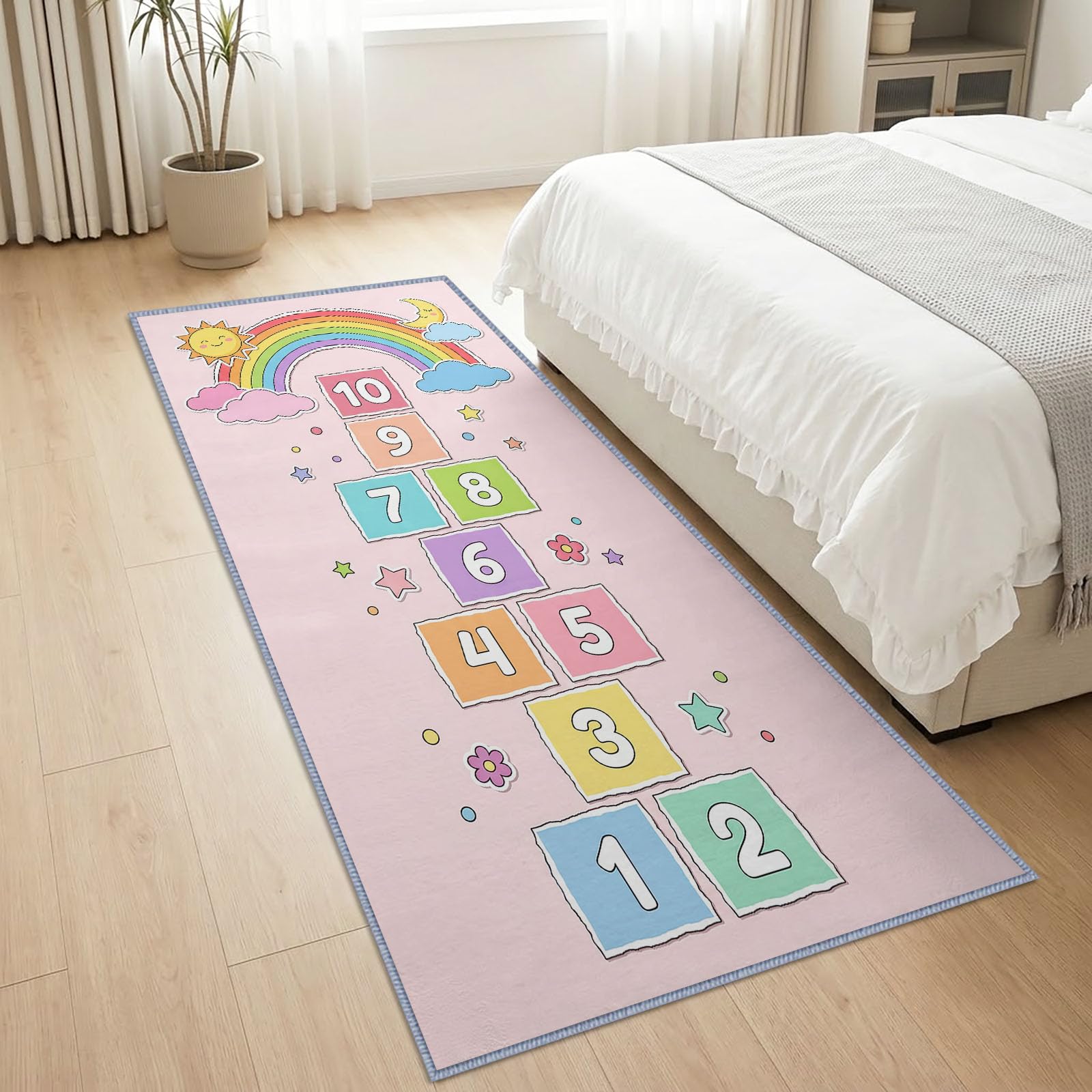 Waschbarer Läufer Teppich Flur 90 x 180 cm, rutschfes Kinder Spiele Handgezeichnet Lang Küchenläufer - Himmel Und Hölle Zahlen Blöcke Regenbogen Langer Teppichläufer für Wohnzimmer Schlafzimmer