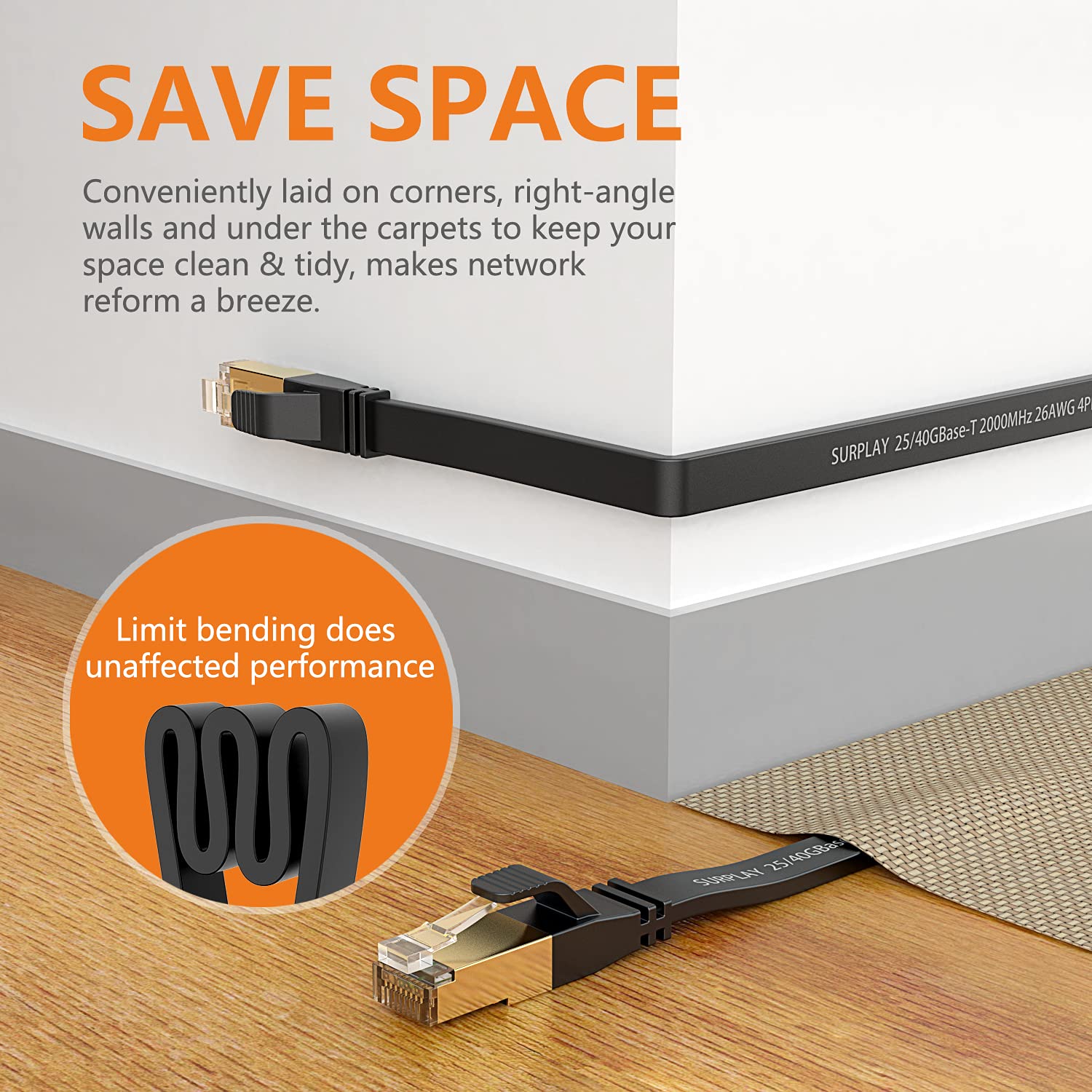 Câble Ethernet Cat8 de 30,5 m, noir, 40 Gbit/s, haut débit, extérieur et intérieur, double blindage avec fil de terre et cordon plat RJ45 plaqué or pour caméra IP longue distance, TV, routeur, NAS (50