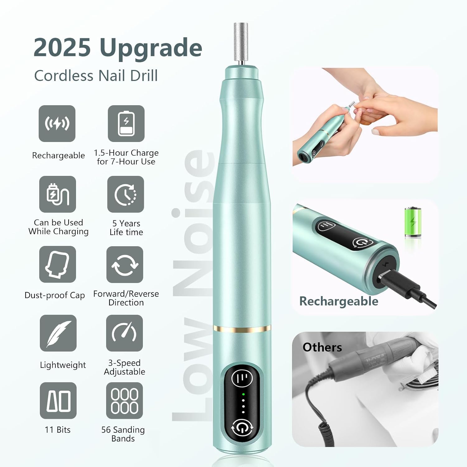 TUOBEO Cordless Nail Drill Electric Rechargeable File Kit, Professional Efile Acrylic Gel Nail Polish Remover Pedicure Manicure Machine Portable Set with 11 Bits 56 Sanding Bands for Salon Mint Green