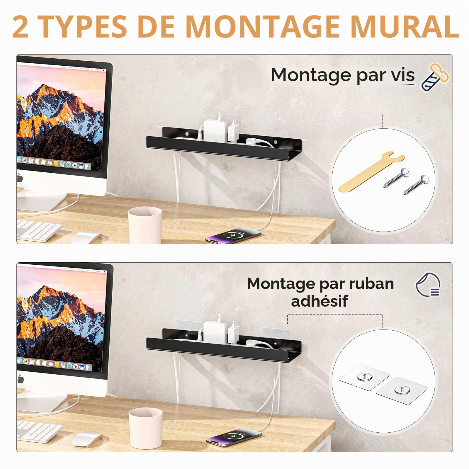 Plateau de Gestion de câbles sous la Table, Chemin de Cable Management Bureau, Rangement Cable Bureau, Support multiprise sous Bureau, Chemin de Cable Bureau, Noir